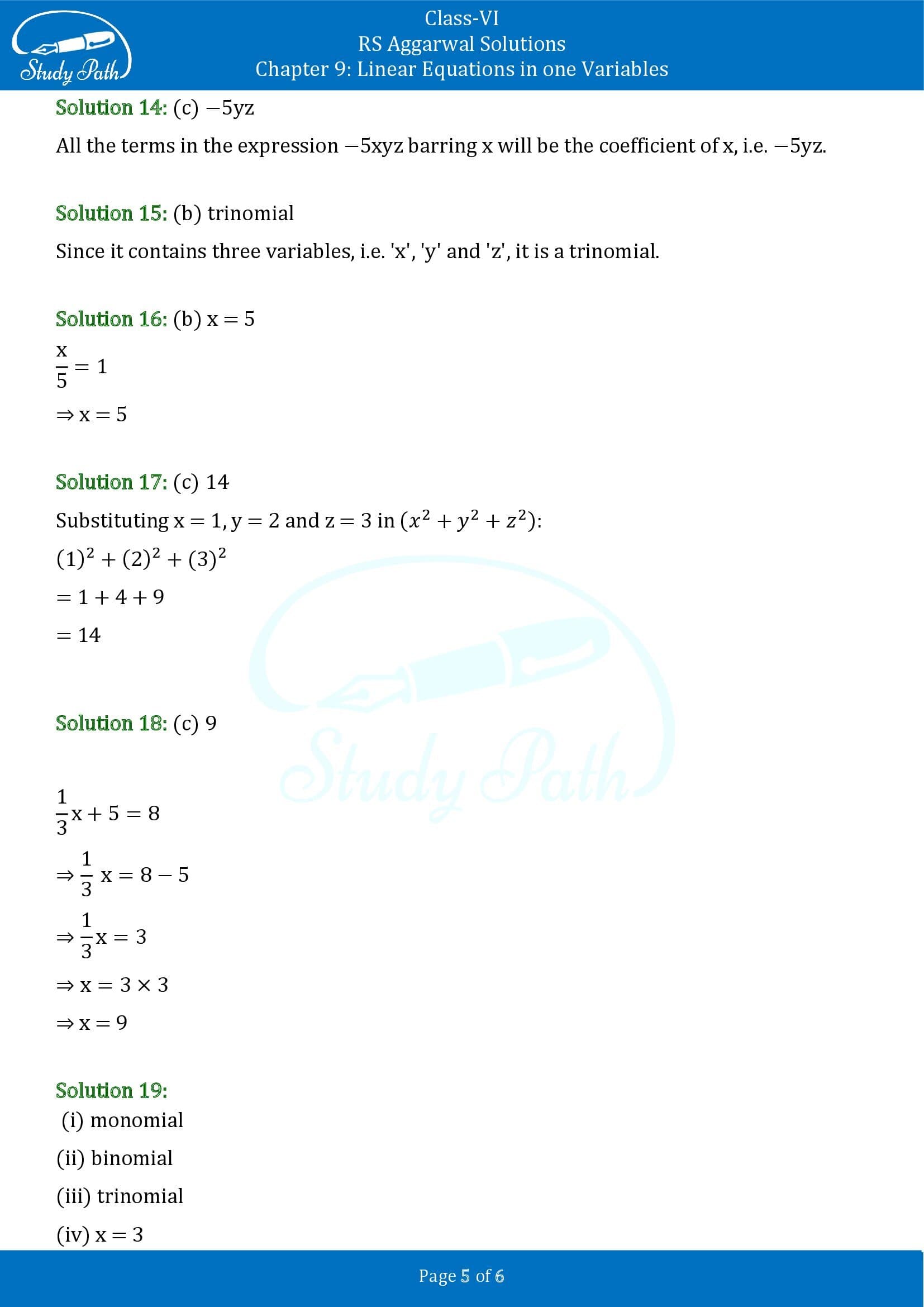 RS Aggarwal Solutions Class 6 Chapter 9 Linear Equations in One Variable Test Paper 00005
