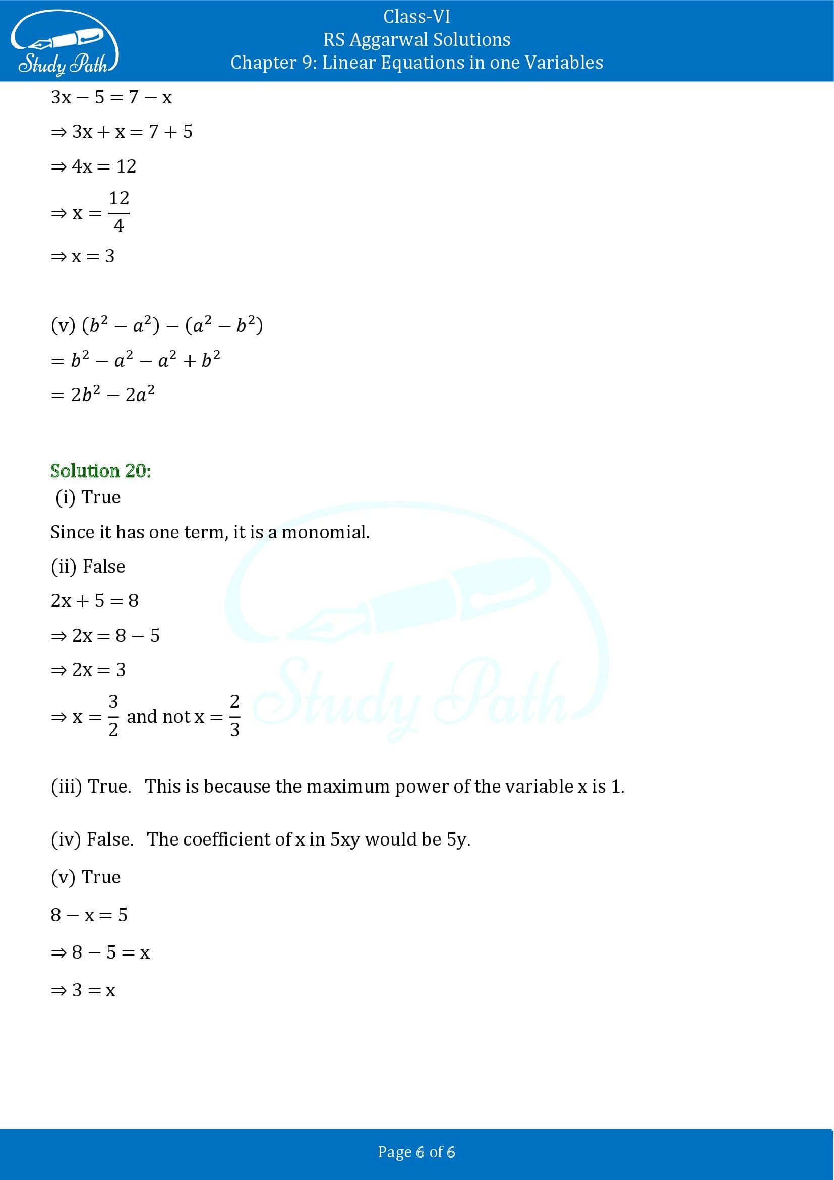 RS Aggarwal Solutions Class 6 Chapter 9 Linear Equations in One Variable Test Paper 00006
