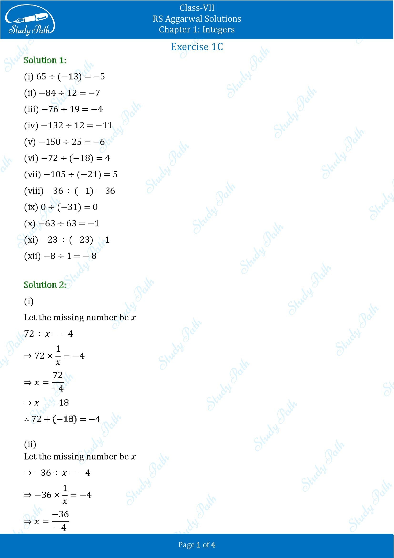 RS Aggarwal Solutions Class 7 Chapter 1 Integers Exercise 1C 001