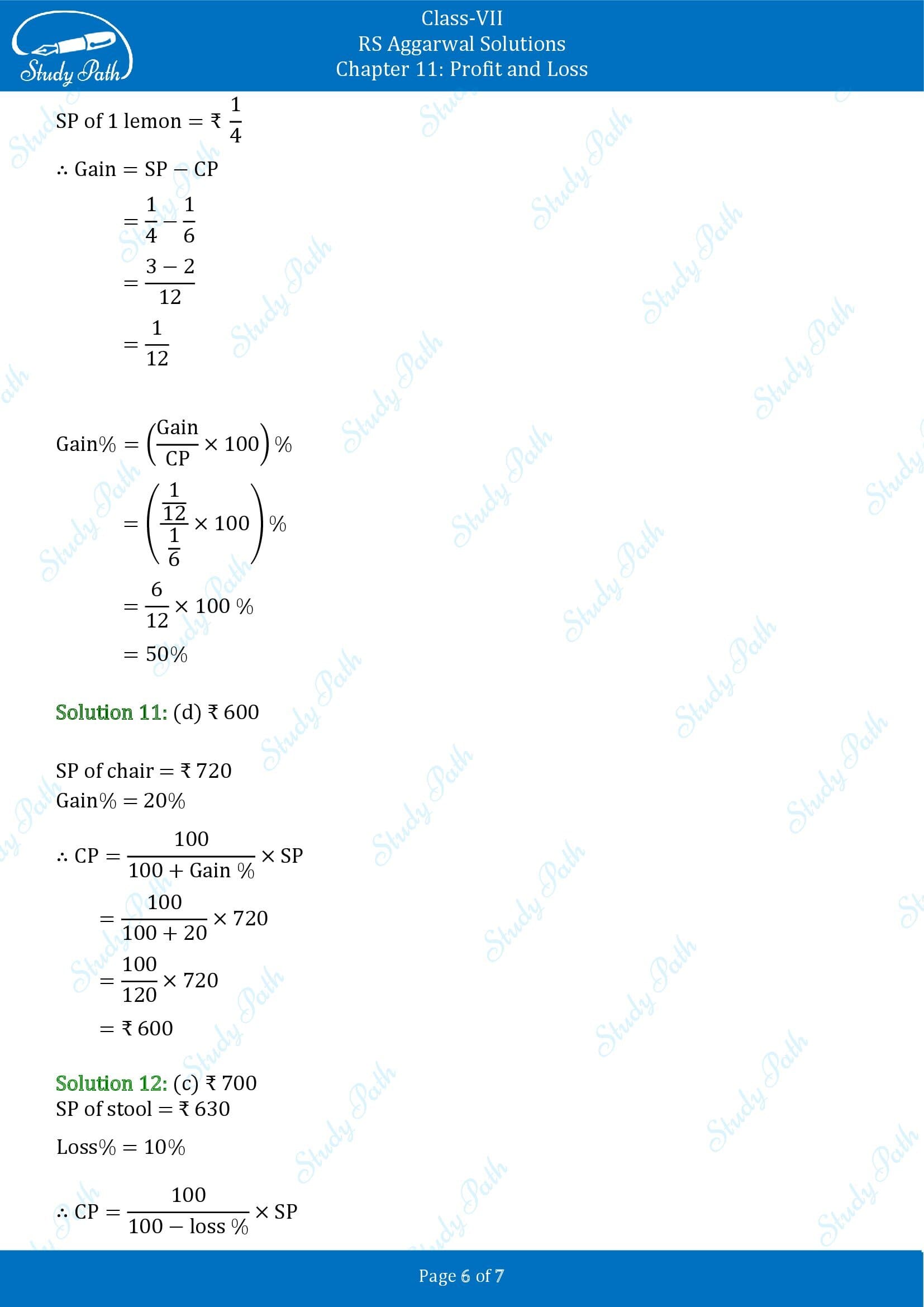 RS Aggarwal Solutions Class 7 Chapter 11 Profit and Loss Exercise 11BMCQ 0006