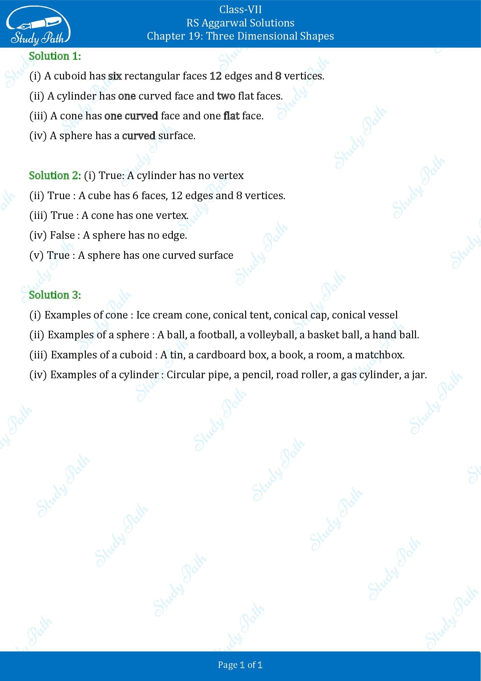 RS Aggarwal Solutions Class 7 Chapter 19 Three Dimensional Shapes