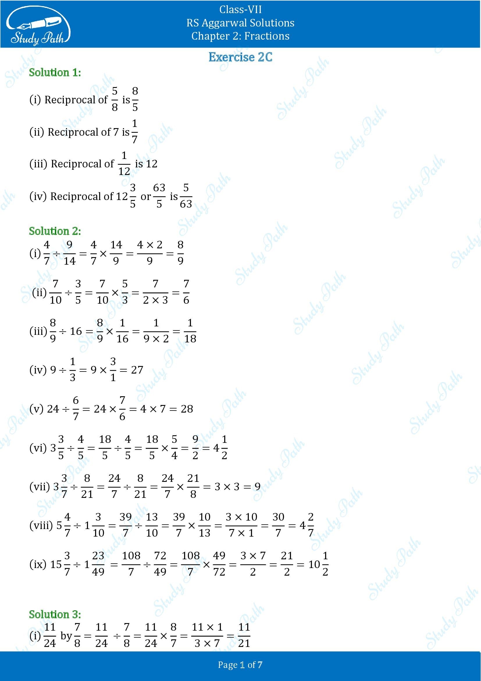 RS Aggarwal Solutions Class 7 Chapter 2 Fractions Exercise 2C 00001