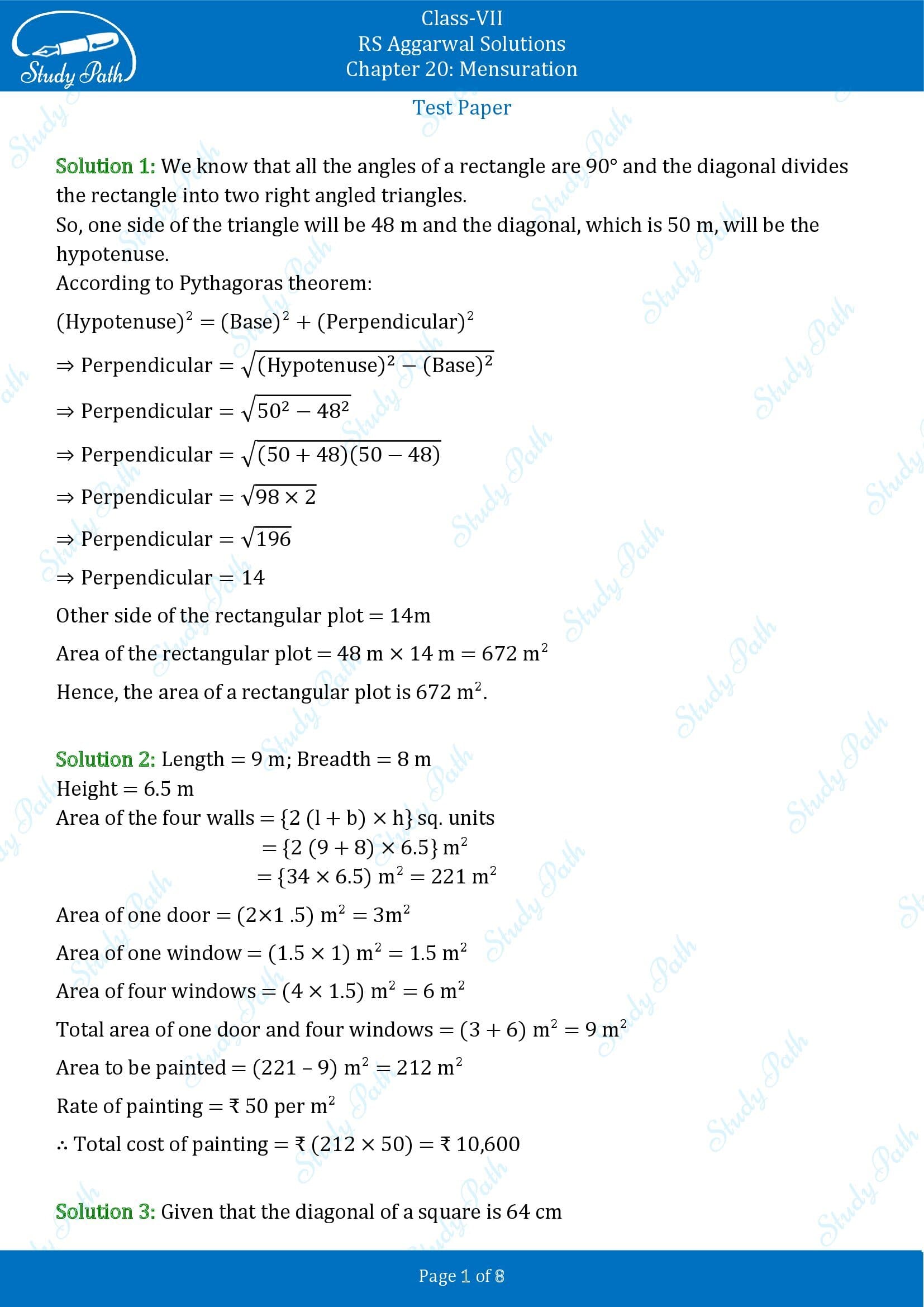 RS Aggarwal Solutions Class 7 Chapter 20 Mensuration Test Paper 20 0001