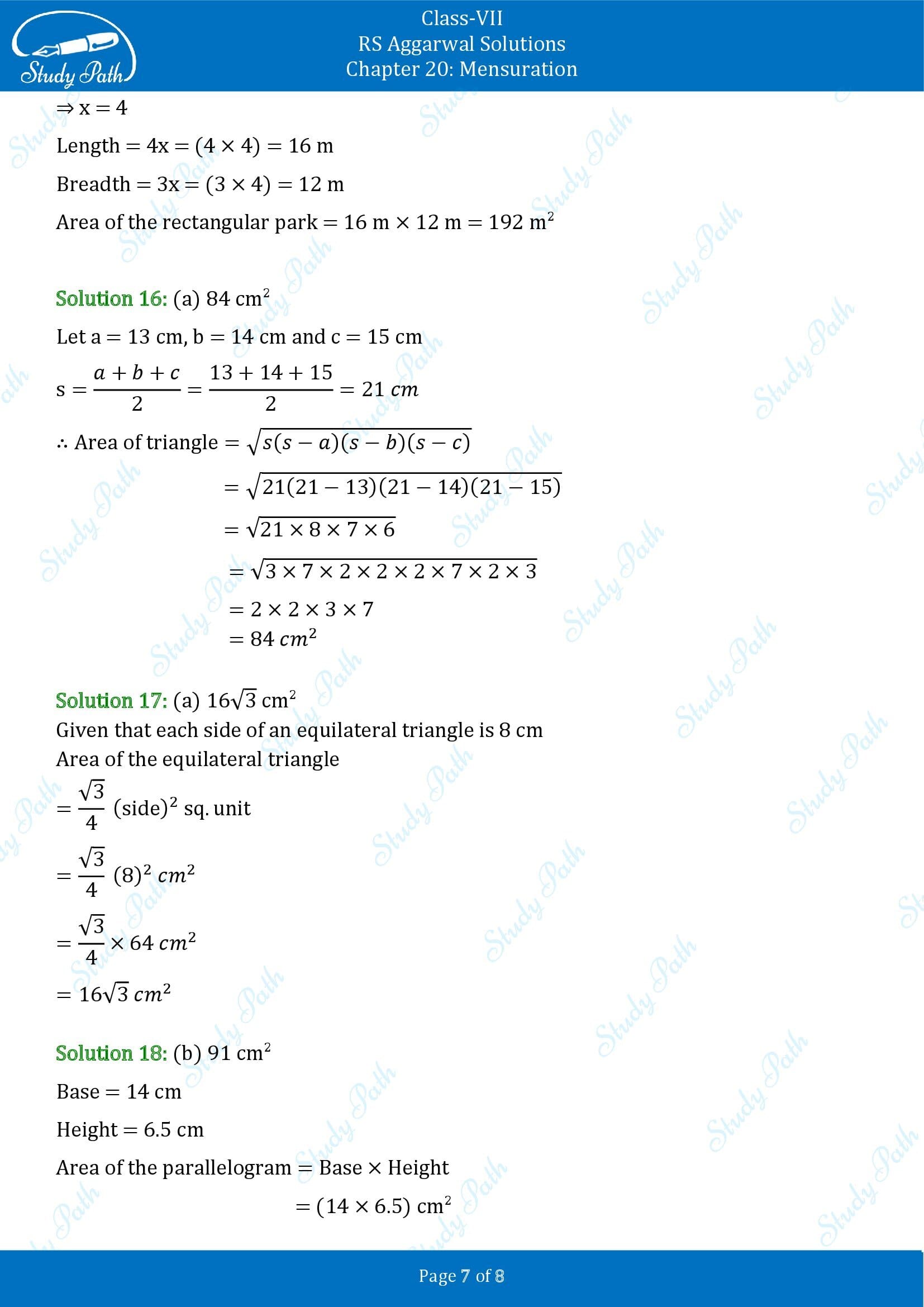 RS Aggarwal Solutions Class 7 Chapter 20 Mensuration Test Paper 20 0007