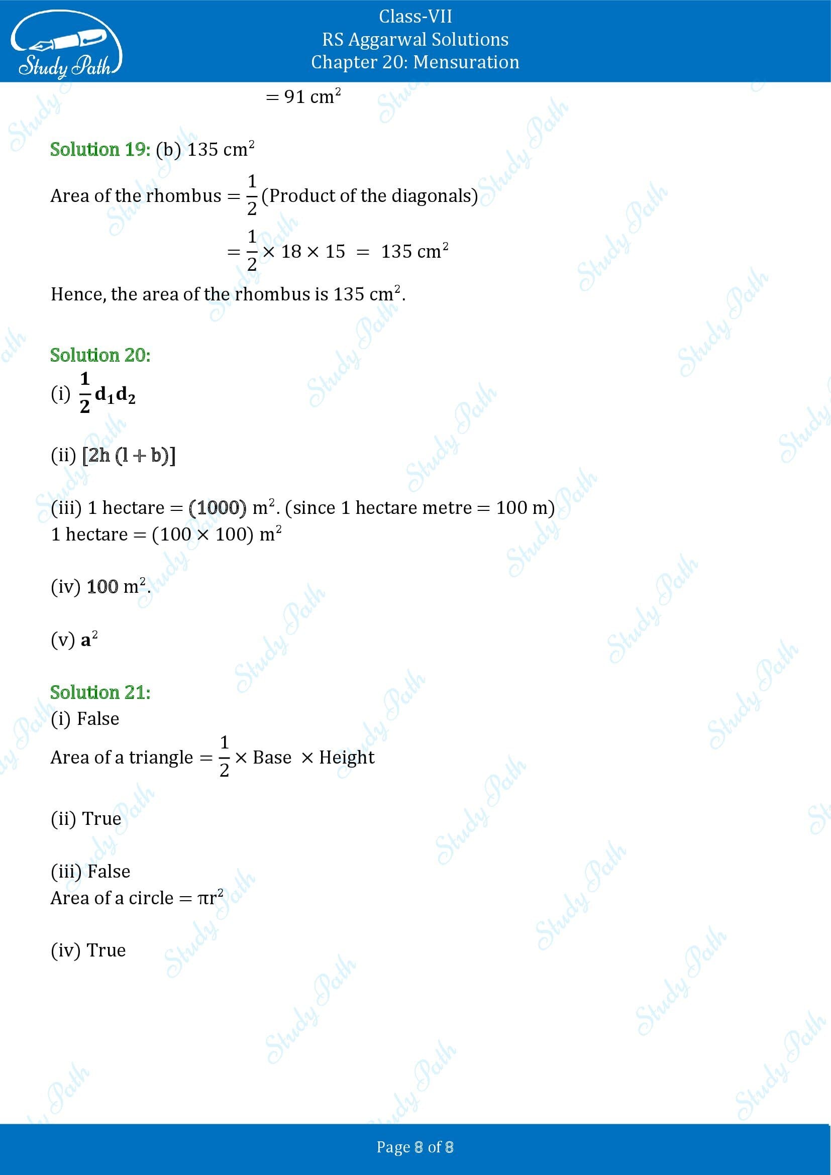 RS Aggarwal Solutions Class 7 Chapter 20 Mensuration Test Paper 20 0008