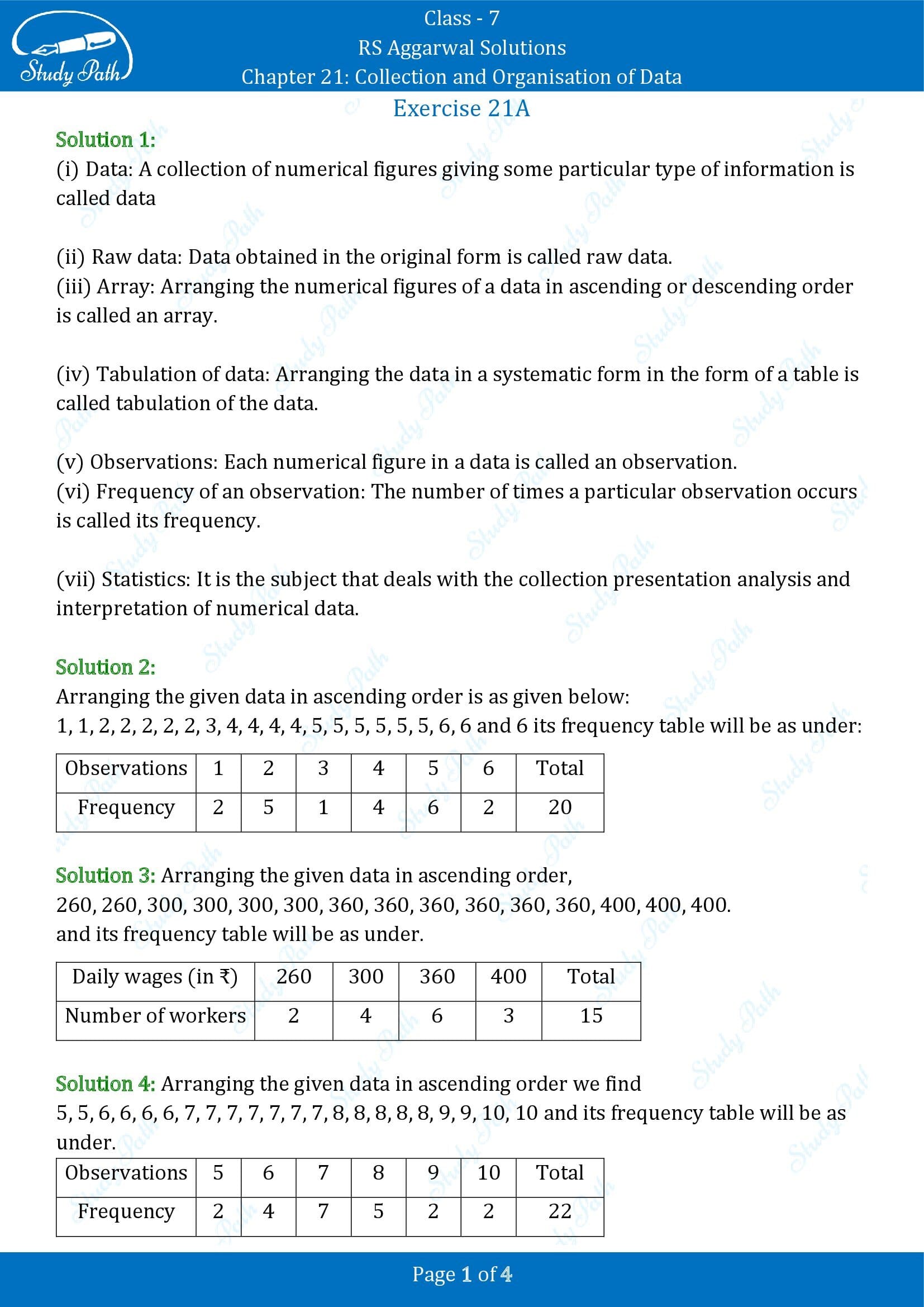 RS Aggarwal Solutions Class 7 Chapter 21 Collection and Organisation of Data Exercise 21A 0001