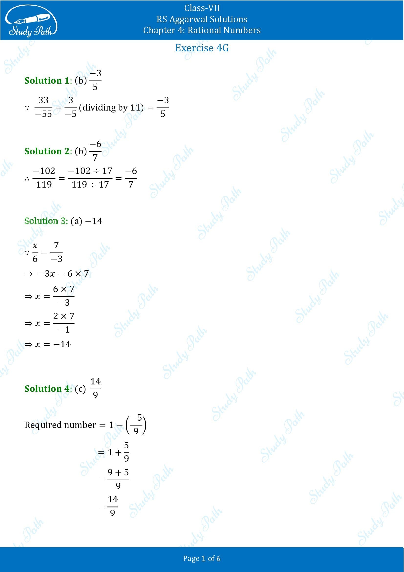 RS Aggarwal Solutions Class 7 Chapter 4 Rational Numbers Exercise 4G MCQ 0001