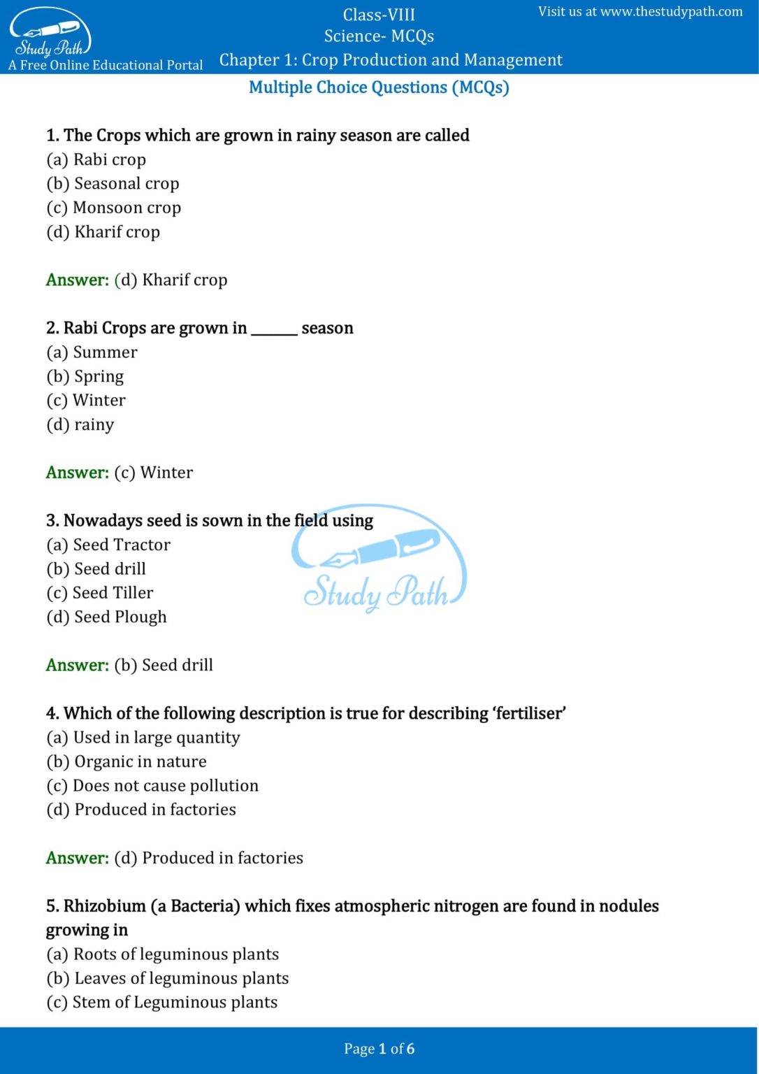 MCQ for Class 8 Science Chapter 1 Crop Production and Management with