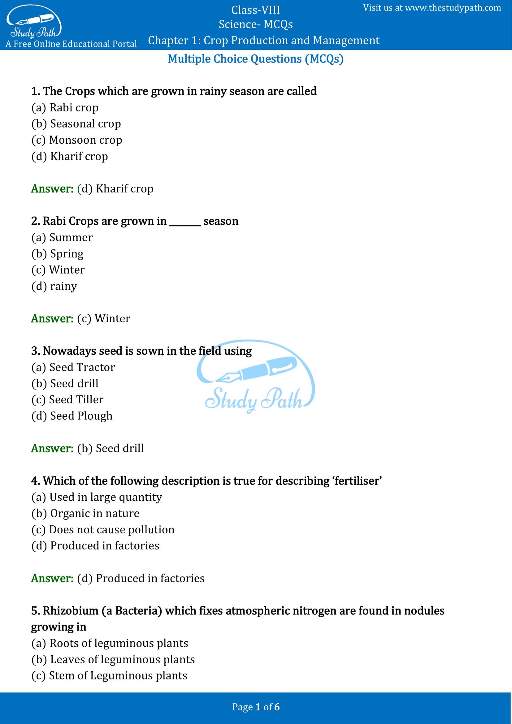 MCQ Questions for Class 8 Science Chapter 1 Crop Production and Management with Answers PDF -1