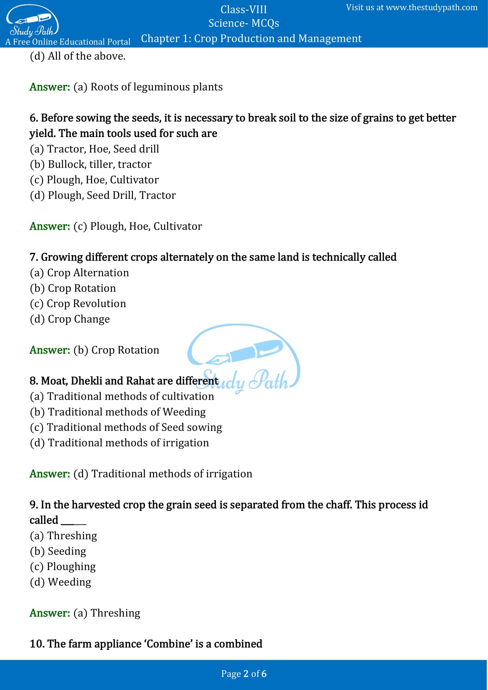 MCQ Questions for Class 8 Science Chapter 1 Crop Production and Management with Answers PDF -2