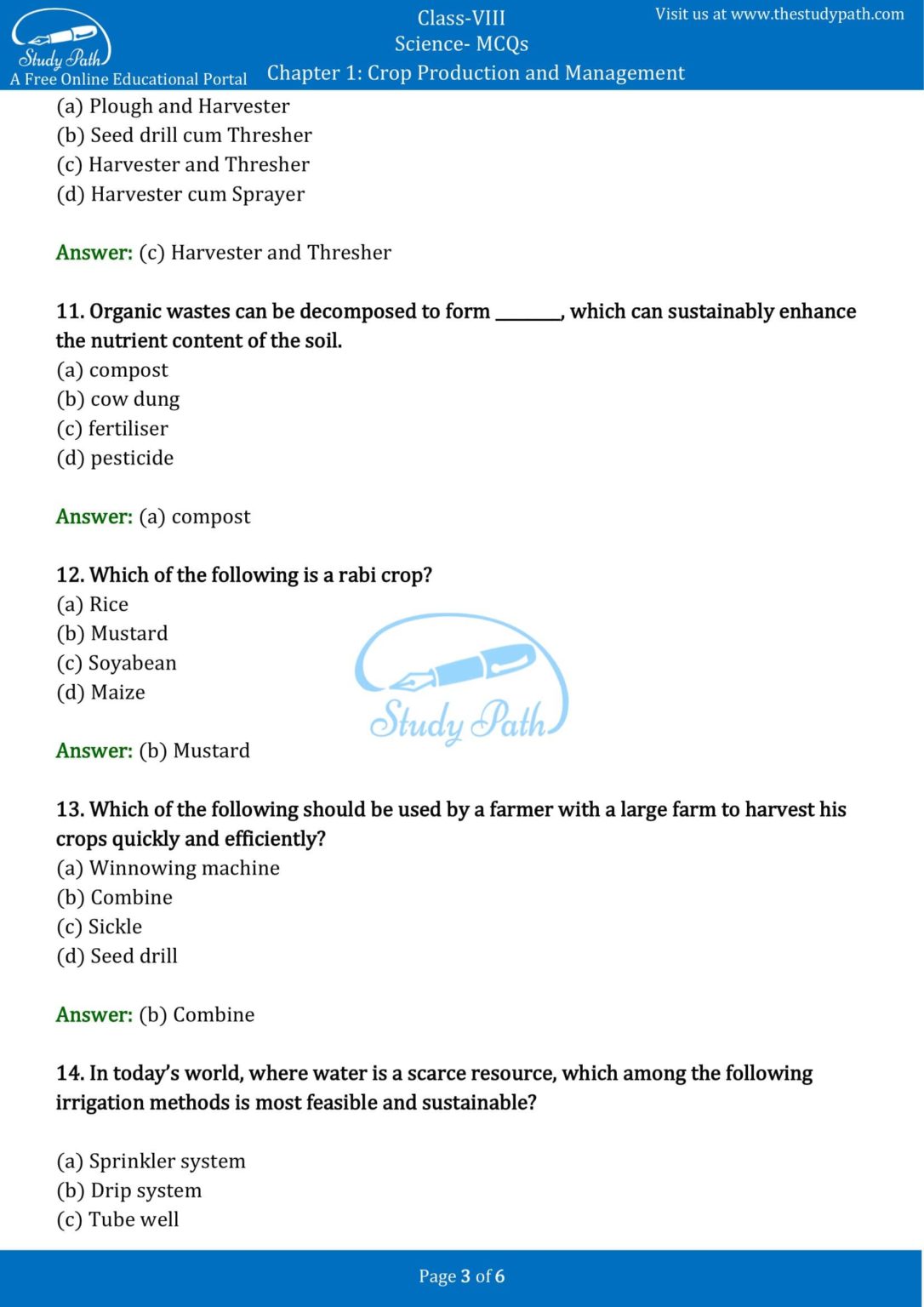 MCQ for Class 8 Science Chapter 1 Crop Production and Management with