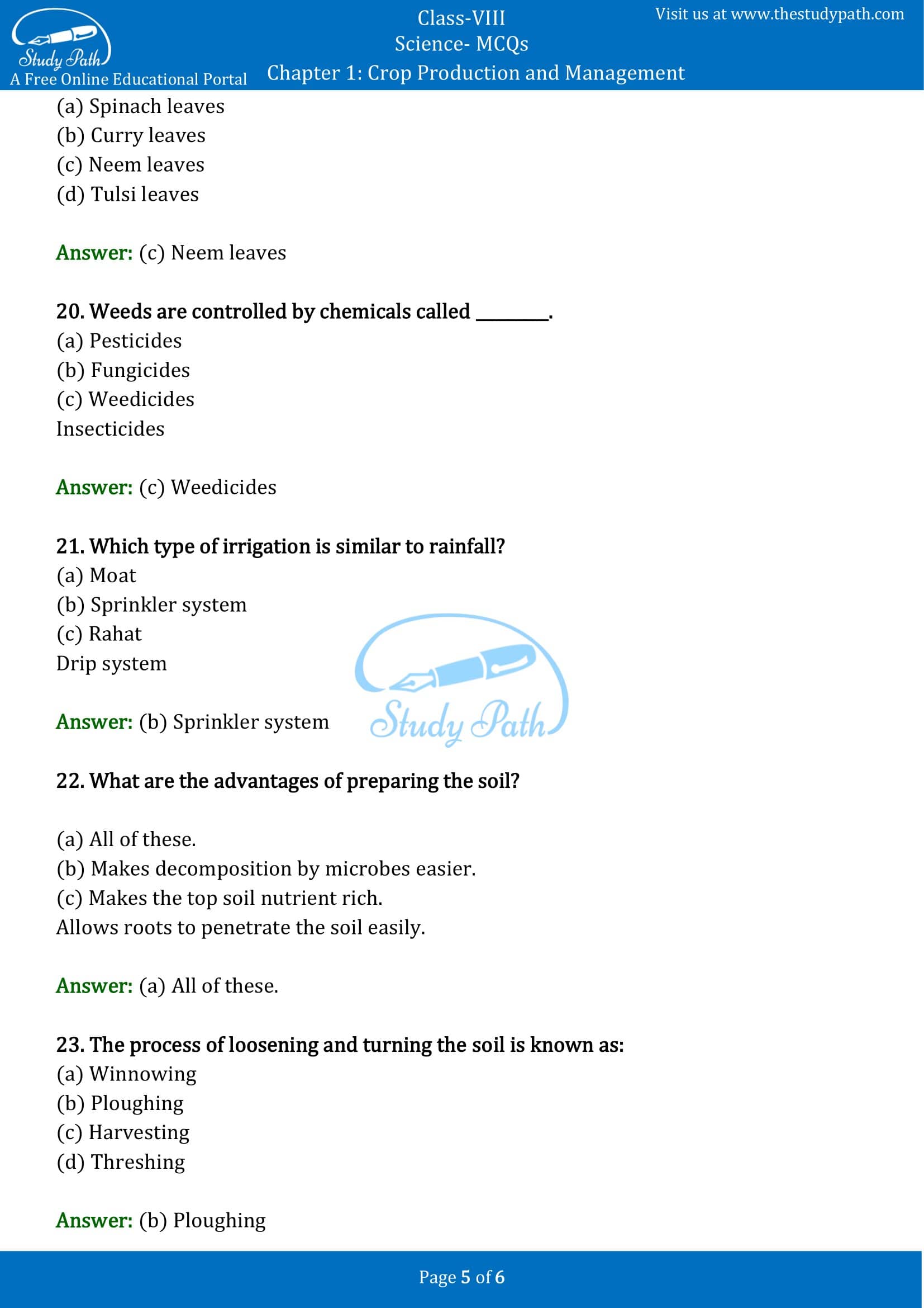 MCQ Questions for Class 8 Science Chapter 1 Crop Production and Management with Answers PDF -5