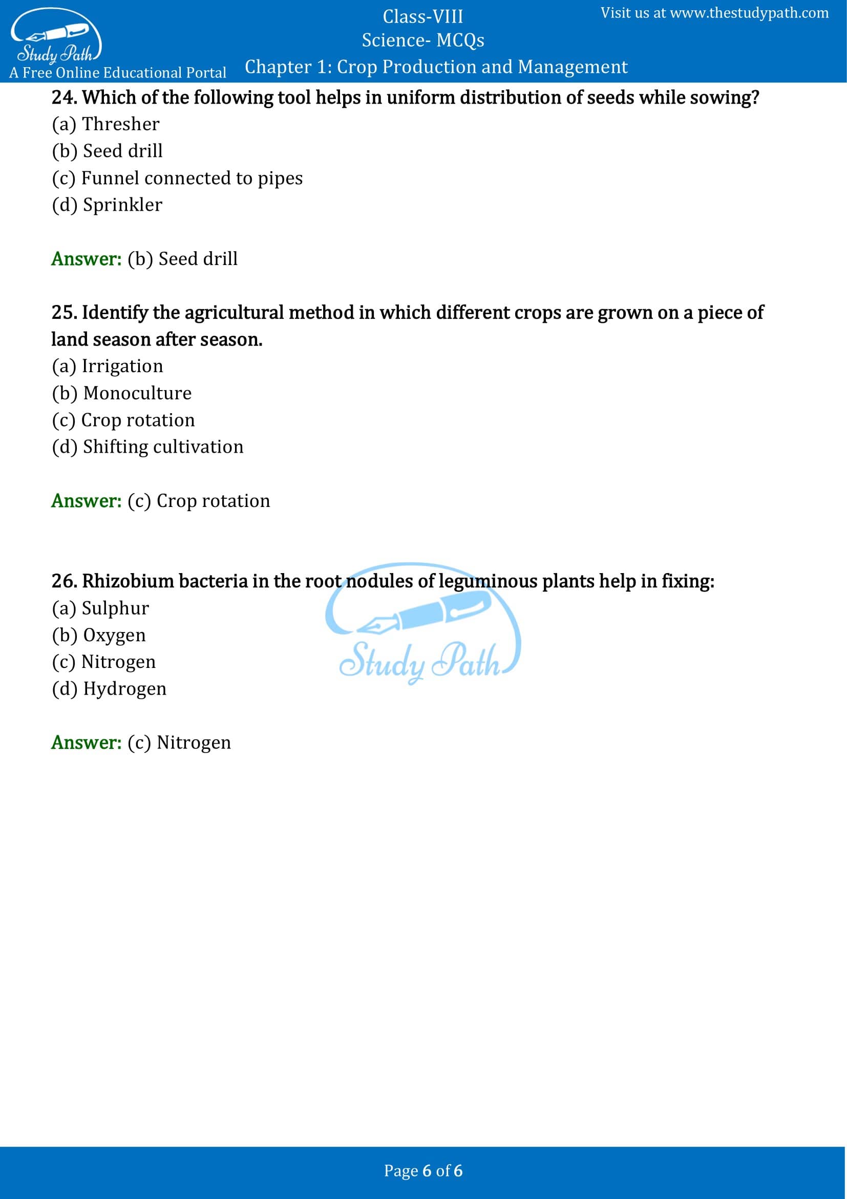 MCQ Questions for Class 8 Science Chapter 1 Crop Production and Management with Answers PDF -6