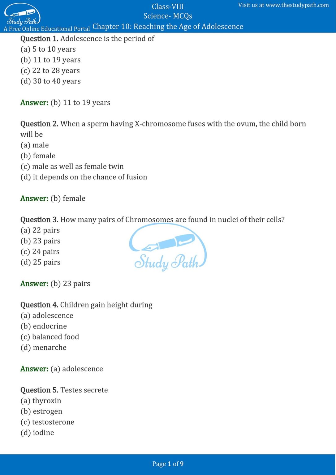 Class 8 Science Chapter 10 Reaching the Age of Adolescence MCQ with Answers Class 8 Science Chapter 10 Reaching the Age of Adolescence MCQ with Answers