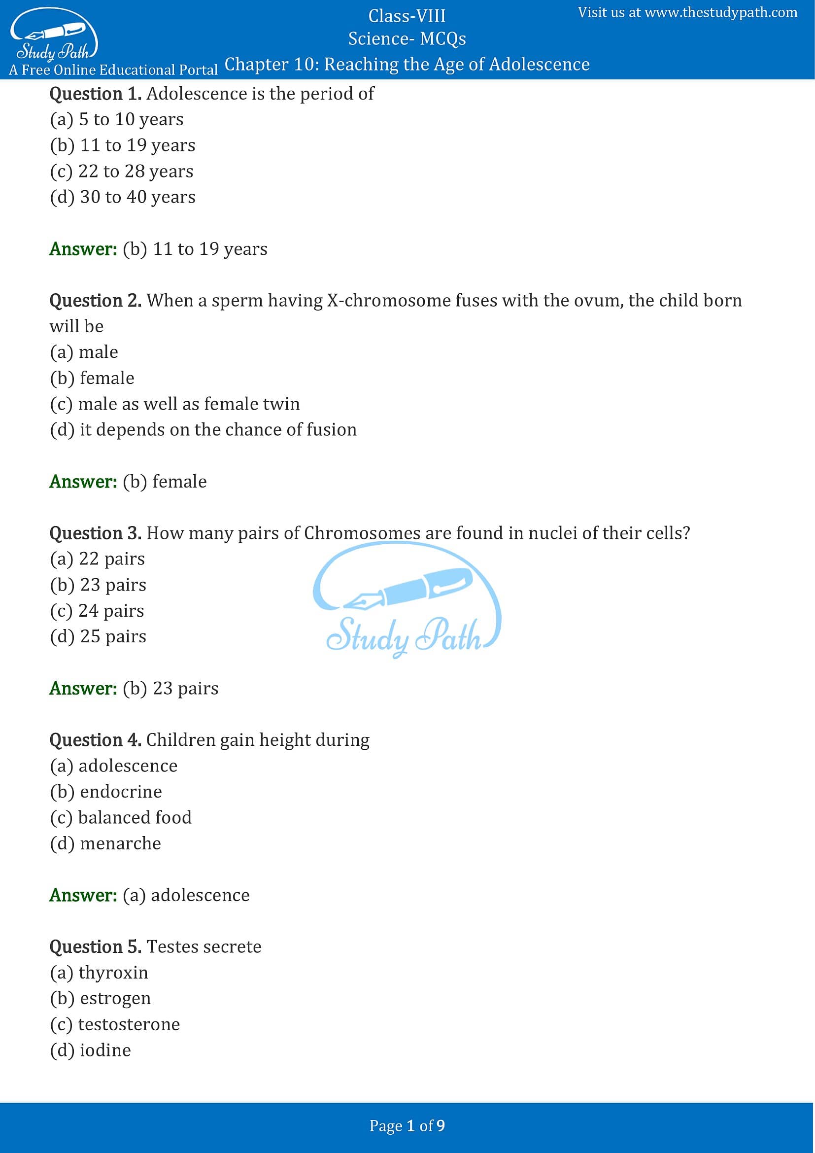 MCQ Questions for Class 8 Science Chapter 10 Reaching the Age of Adolescence with Answers PDF -1