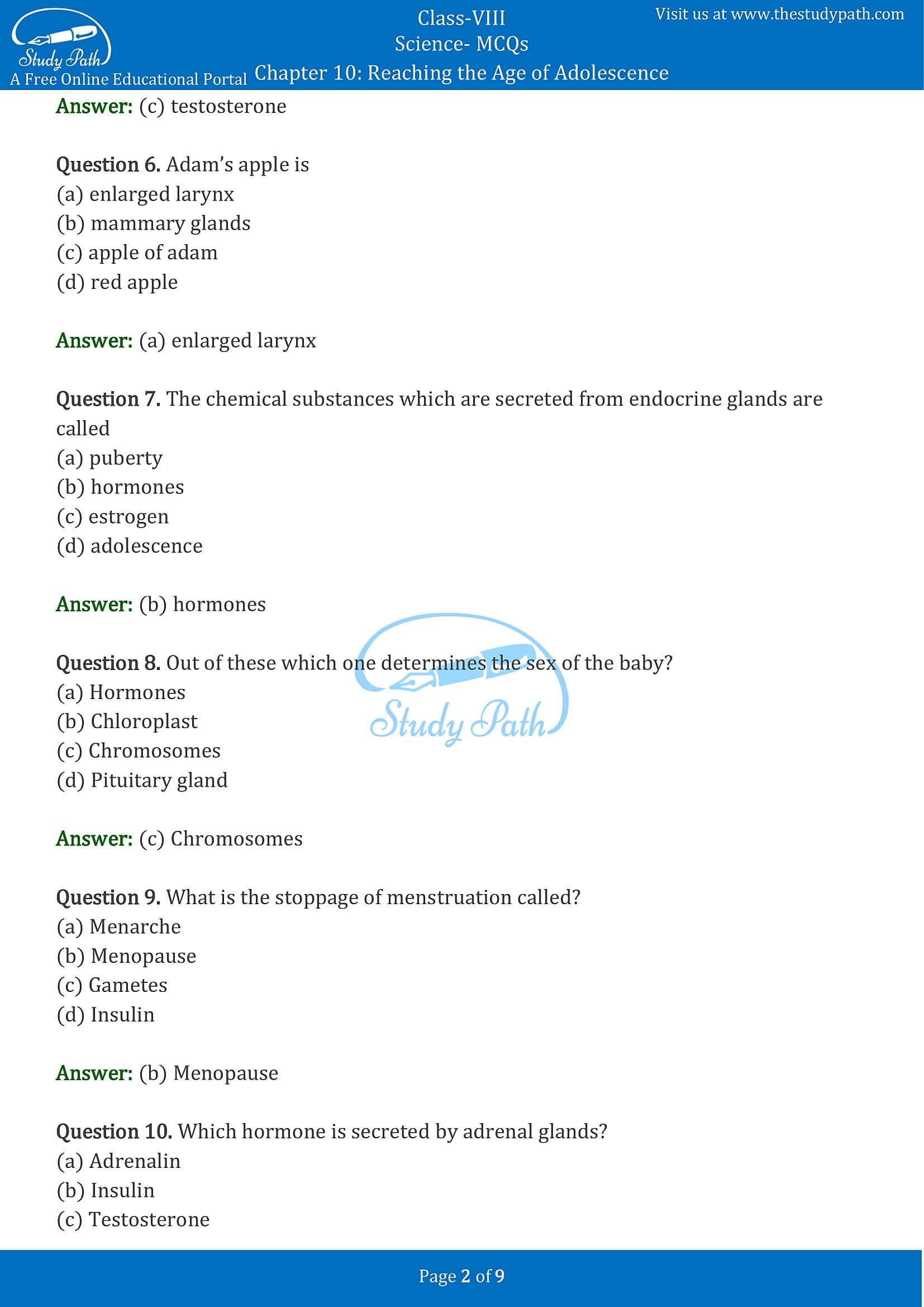 MCQ Questions for Class 8 Science Chapter 10 Reaching the Age of Adolescence with Answers PDF -2