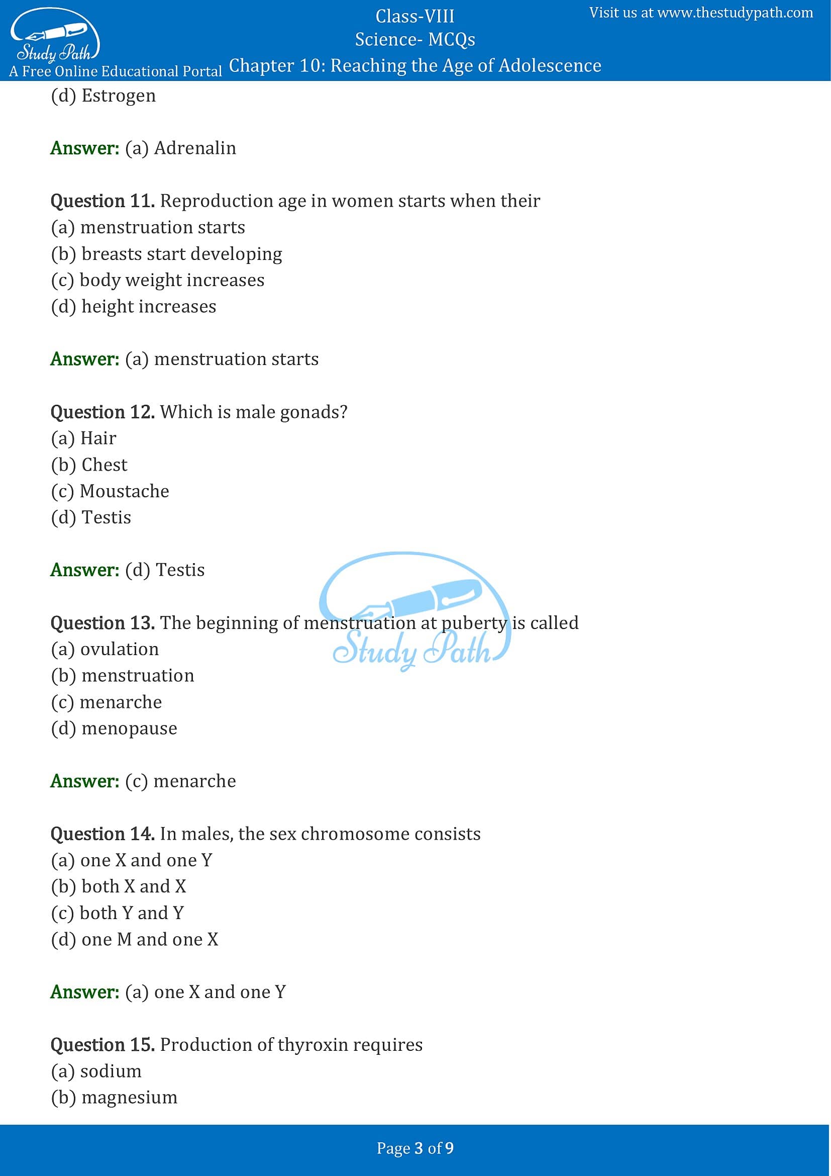MCQ Questions for Class 8 Science Chapter 10 Reaching the Age of Adolescence with Answers PDF -3