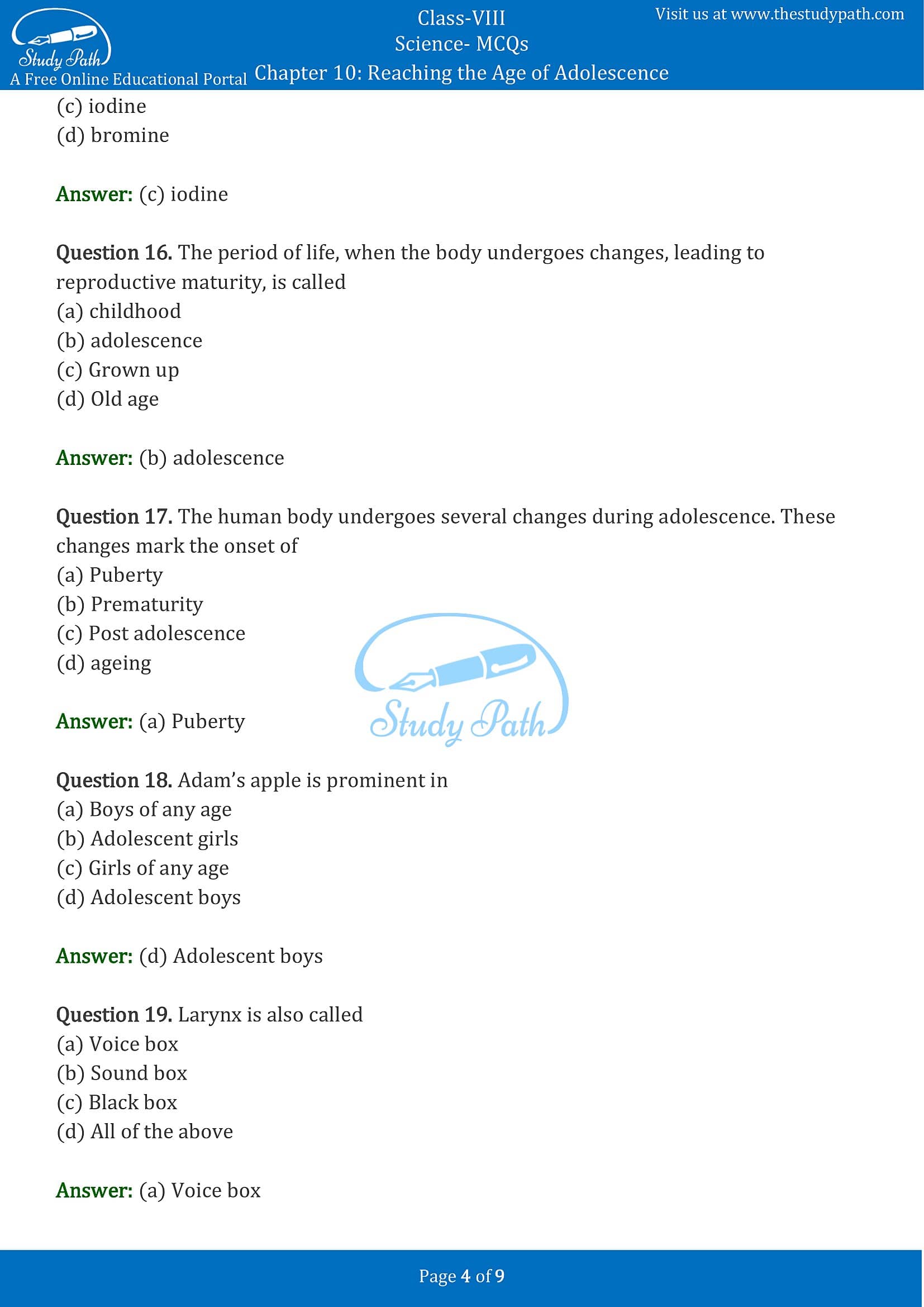 MCQ Questions for Class 8 Science Chapter 10 Reaching the Age of Adolescence with Answers PDF -4