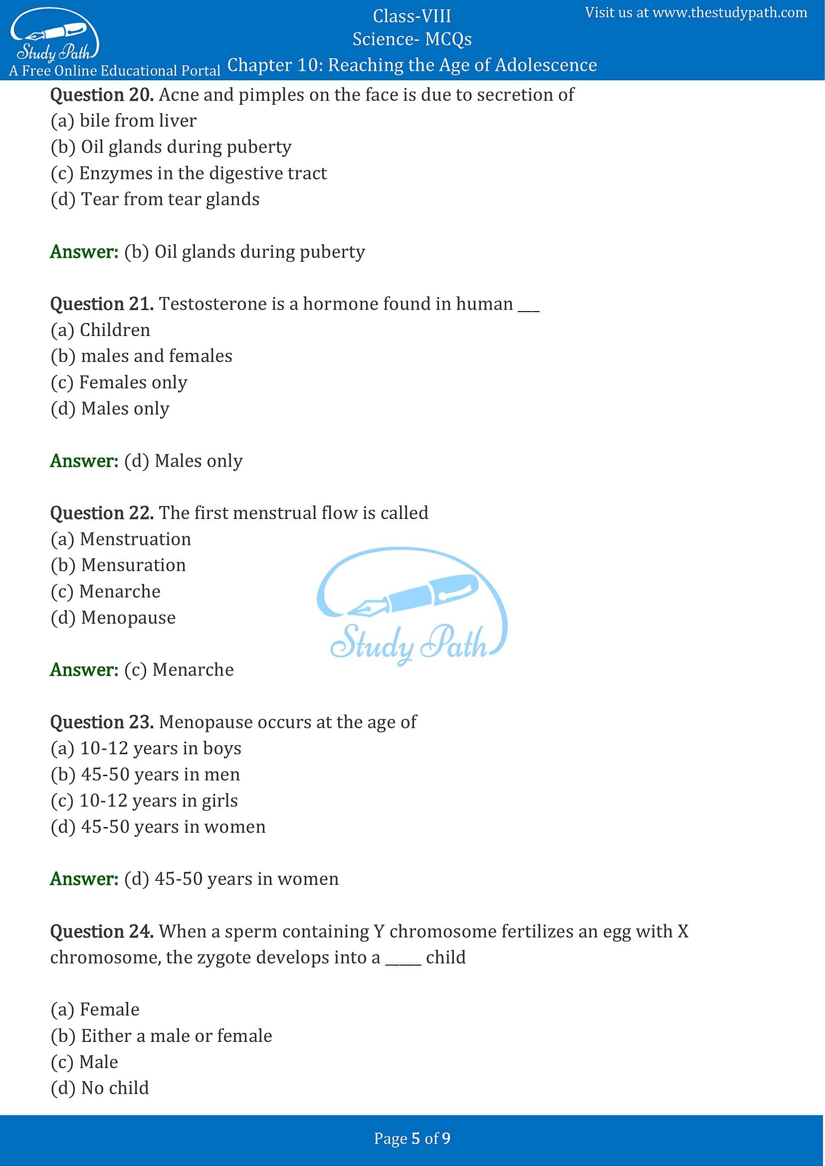 MCQ Questions for Class 8 Science Chapter 10 Reaching the Age of Adolescence with Answers PDF -5