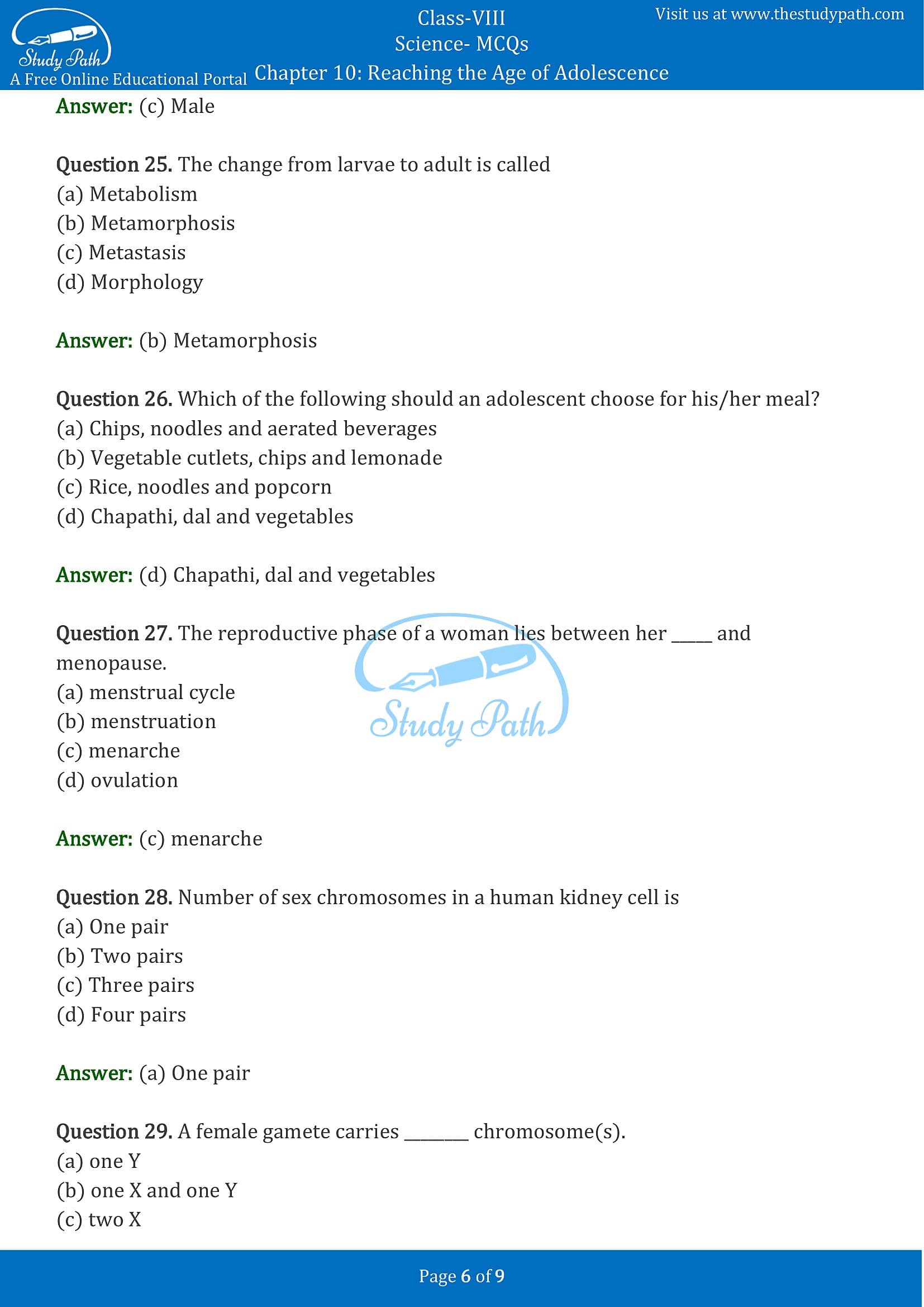 MCQ Questions for Class 8 Science Chapter 10 Reaching the Age of Adolescence with Answers PDF -6