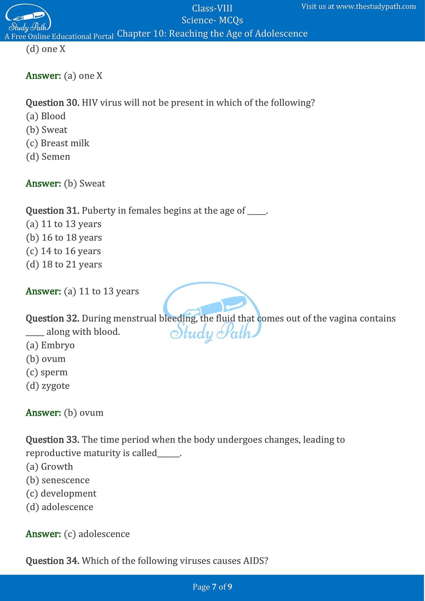 Class 8 Science Chapter 10 Reaching the Age of Adolescence MCQ with Answers