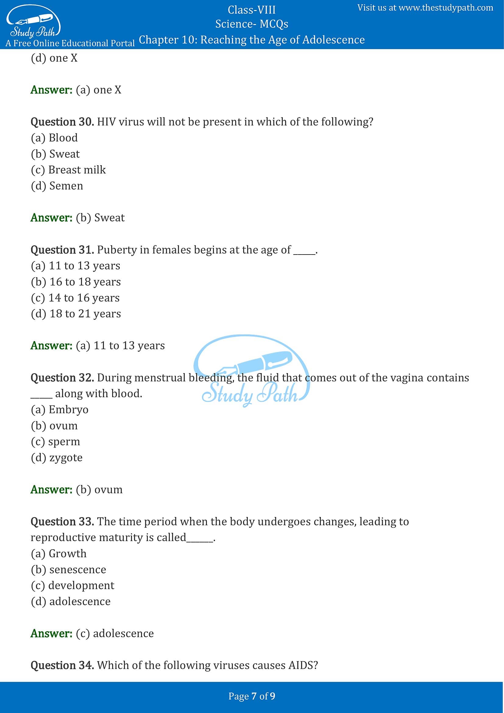 MCQ Questions for Class 8 Science Chapter 10 Reaching the Age of Adolescence with Answers PDF -7