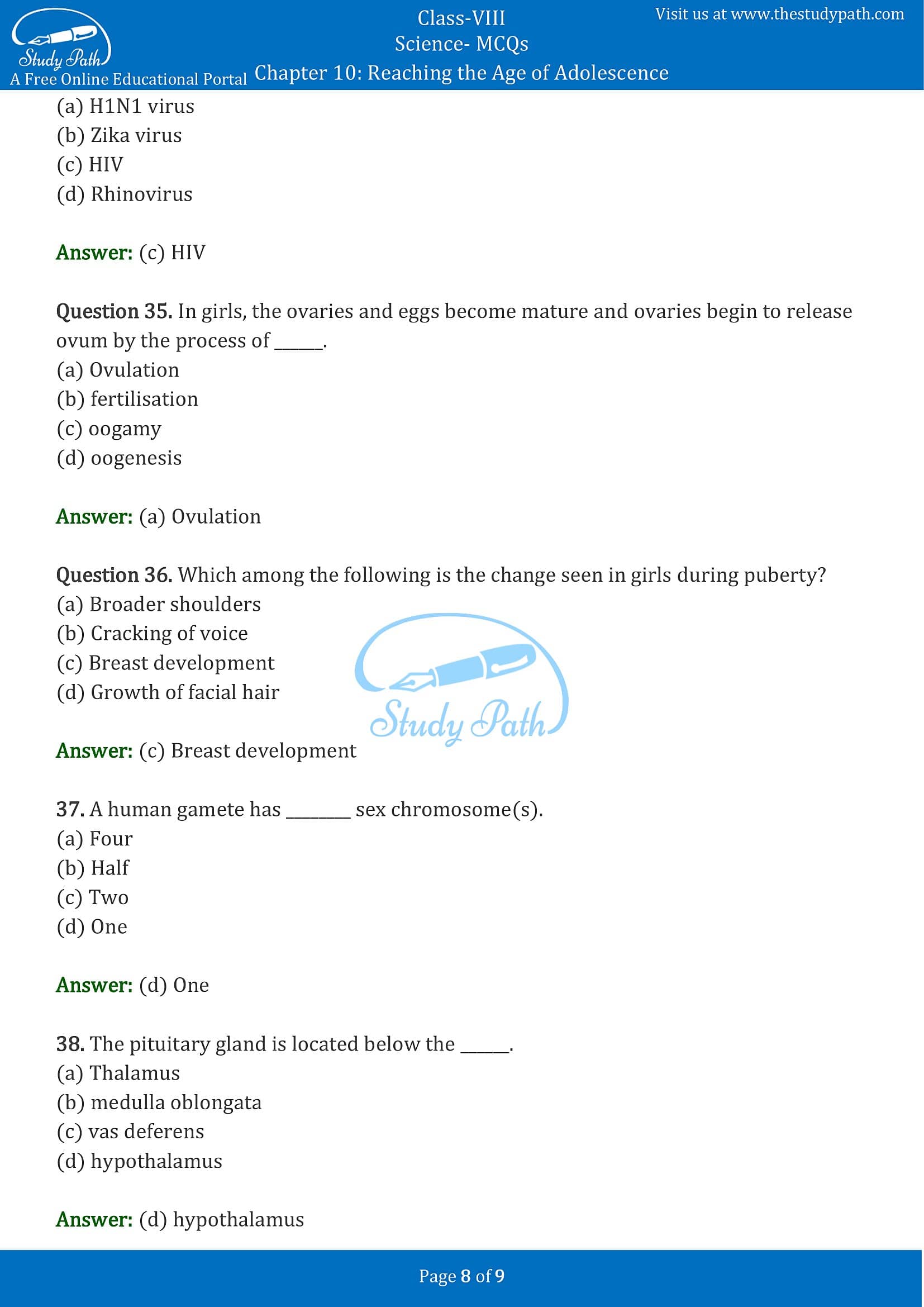 MCQ Questions for Class 8 Science Chapter 10 Reaching the Age of Adolescence with Answers PDF -8