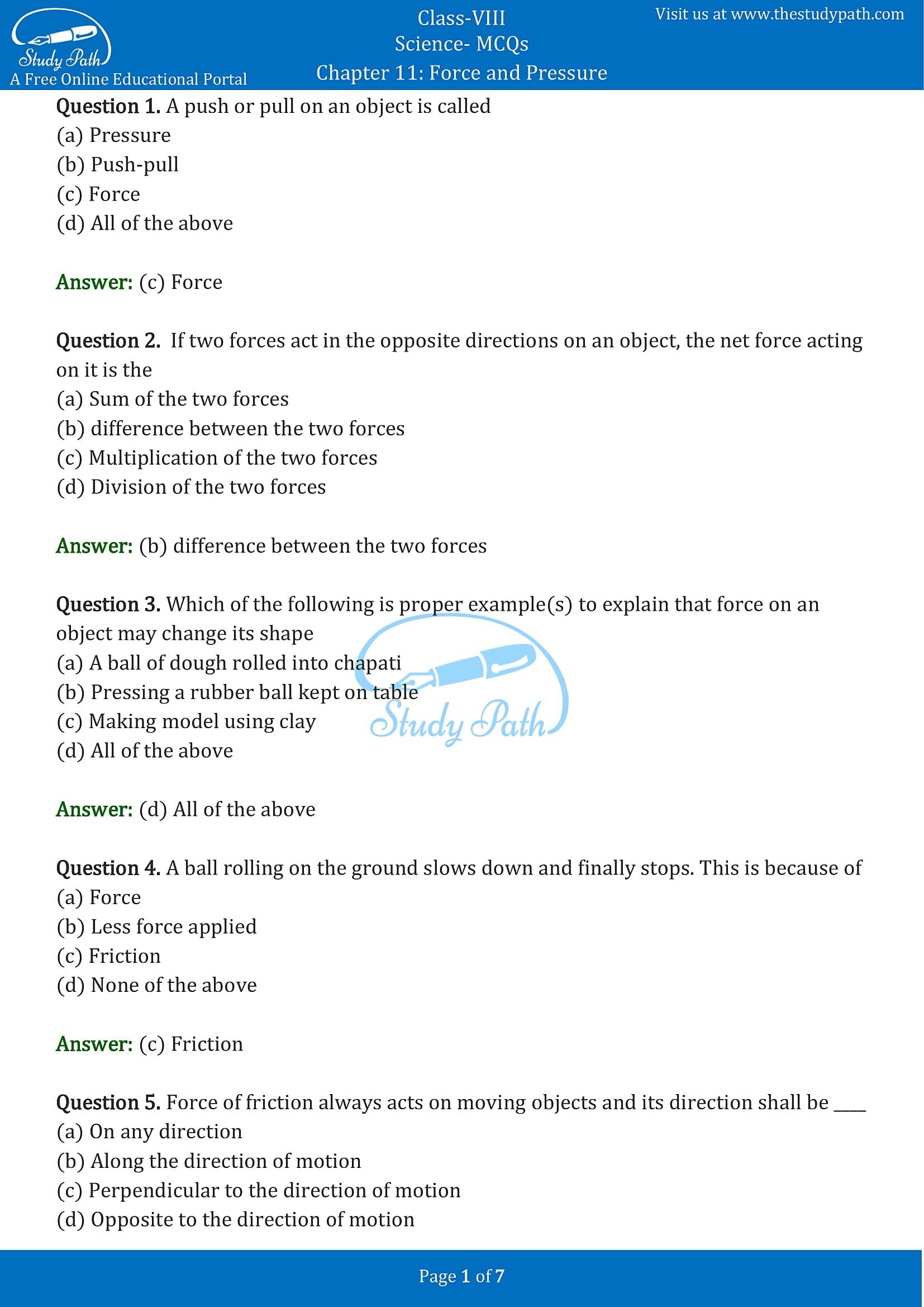 MCQ Questions for Class 8 Science Chapter 11 Force and Pressure with Answers PDF -1