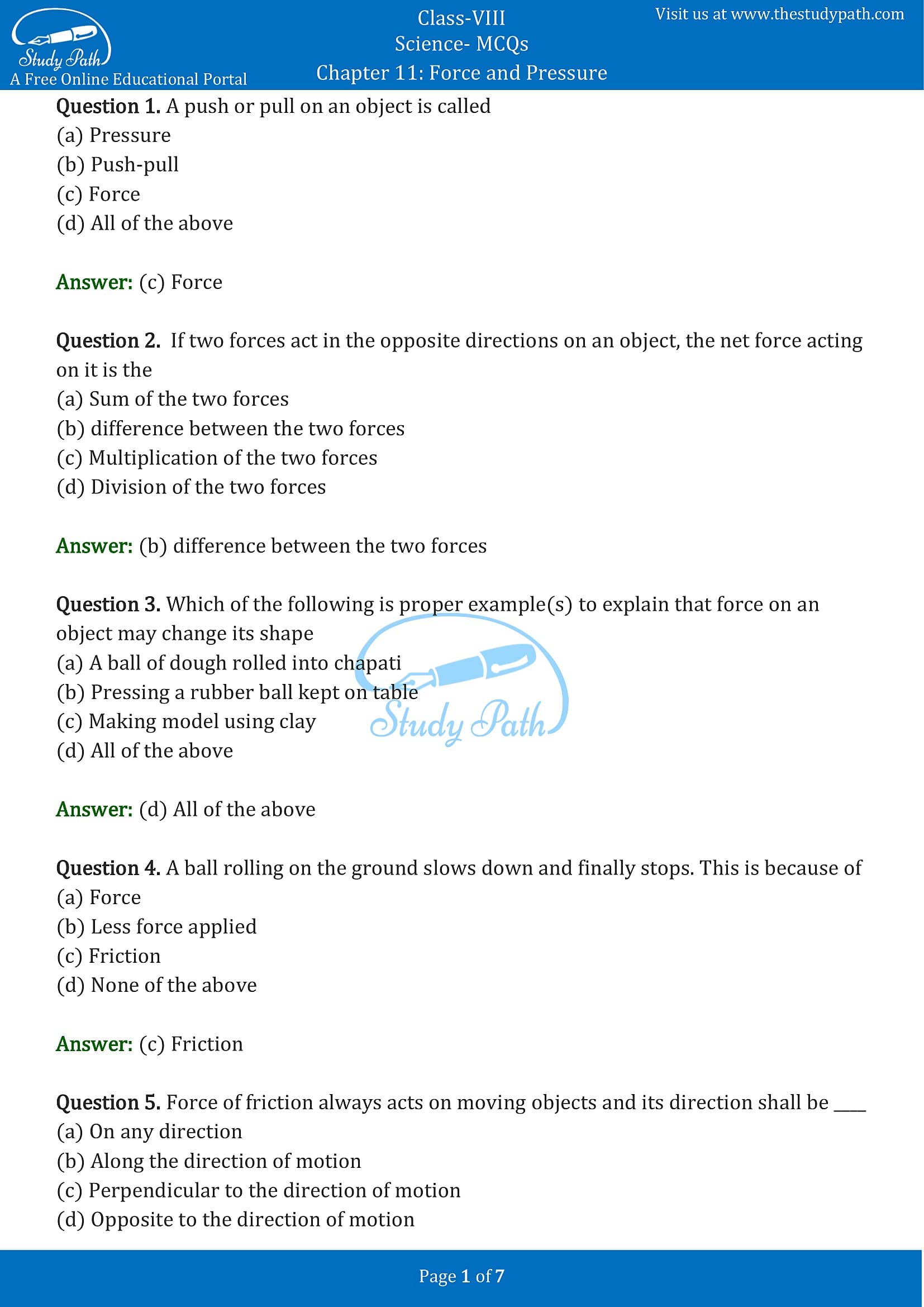 MCQ Questions for Class 8 Science Chapter 11 Force and Pressure with Answers PDF -1