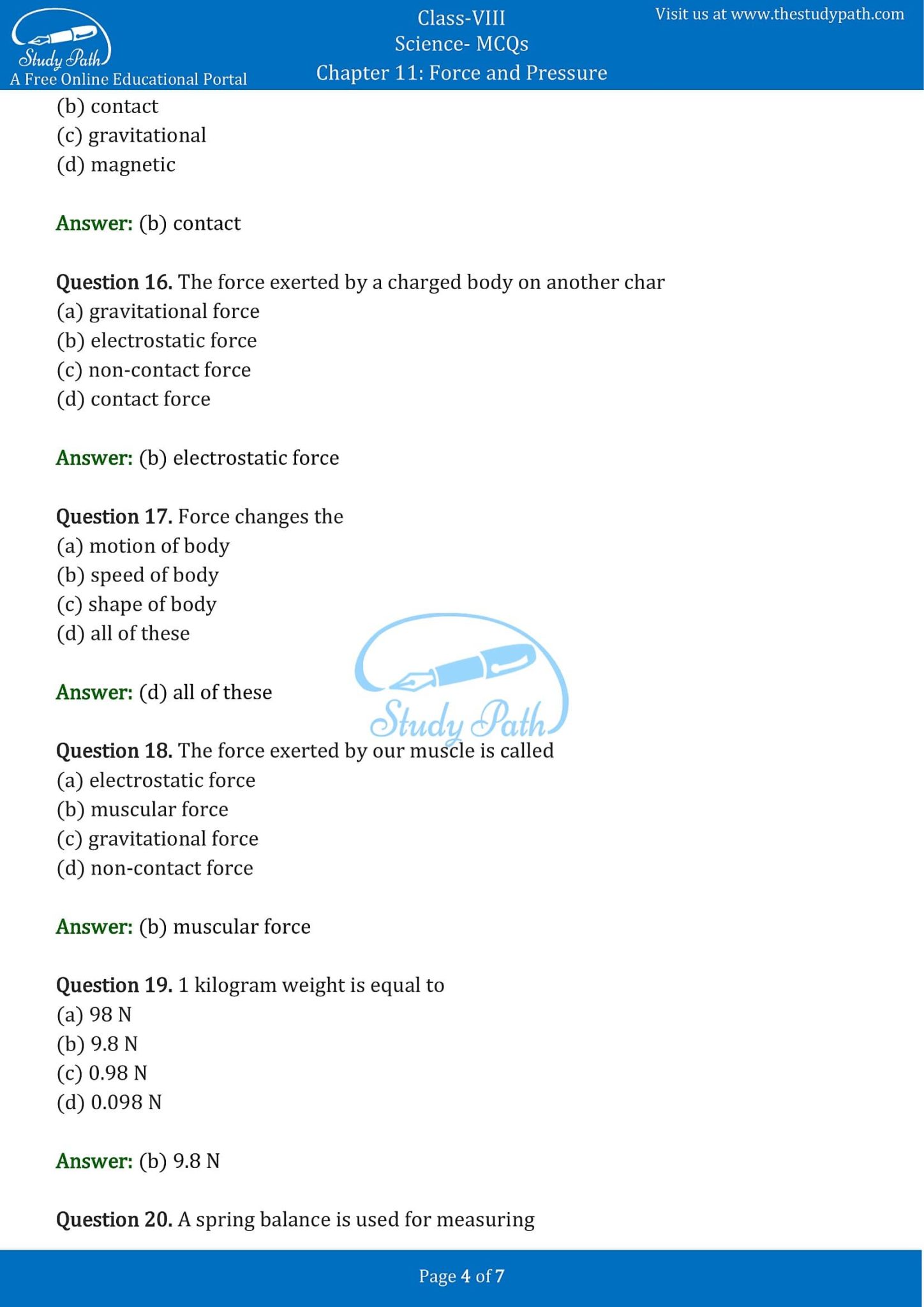 Class 8 Science Chapter 11 Force and Pressure MCQ with Answers
