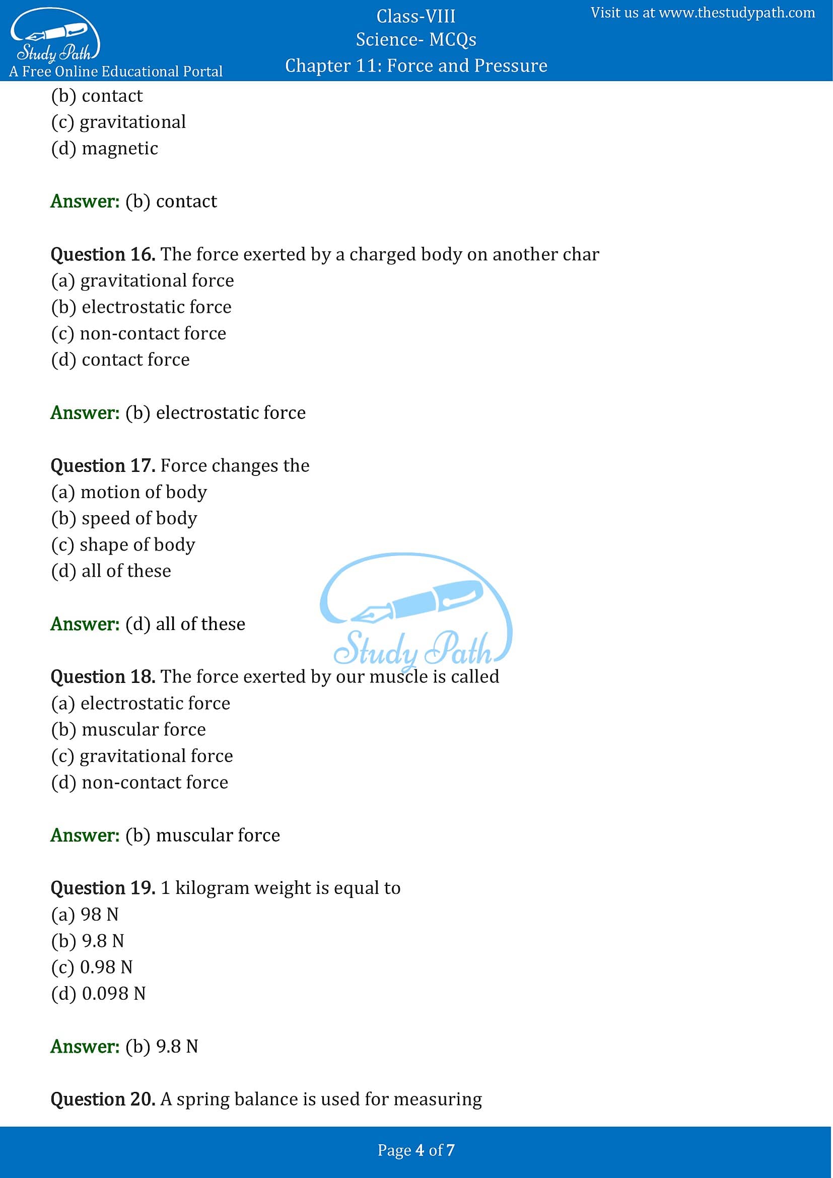 MCQ Questions for Class 8 Science Chapter 11 Force and Pressure with Answers PDF -4