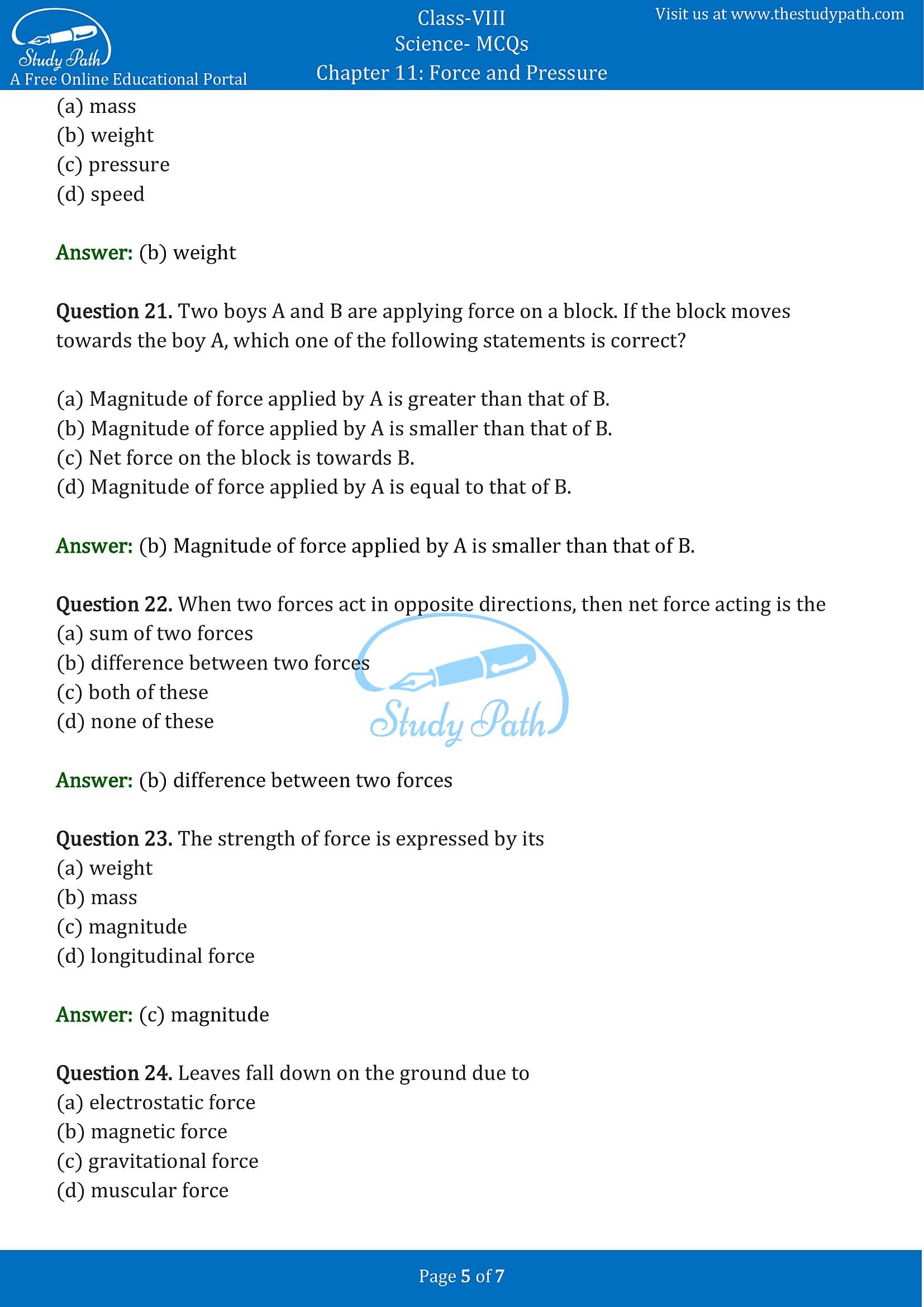MCQ Questions for Class 8 Science Chapter 11 Force and Pressure with Answers PDF -5
