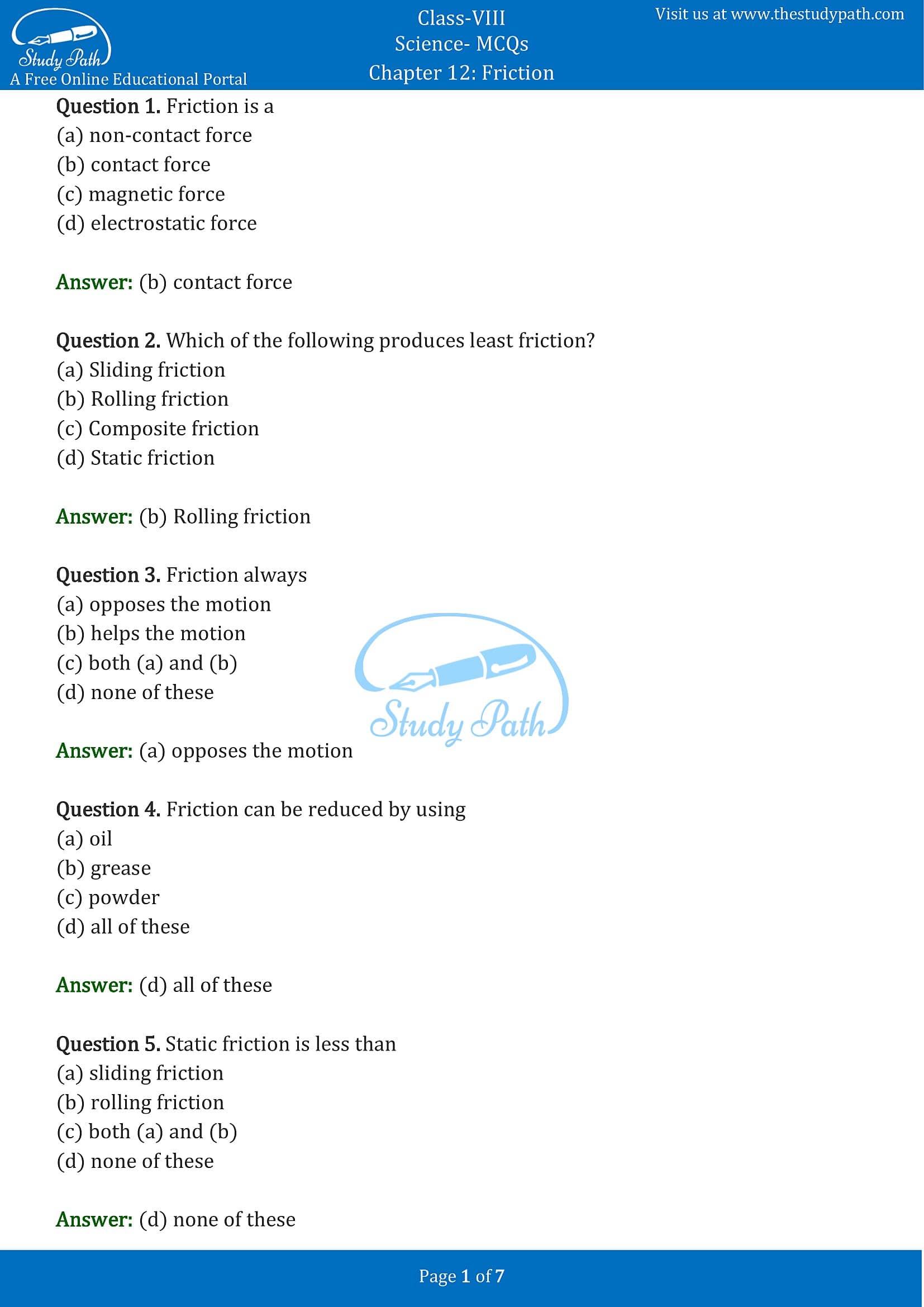 MCQ Questions for Class 8 Science Chapter 12 Friction with Answers PDF -1