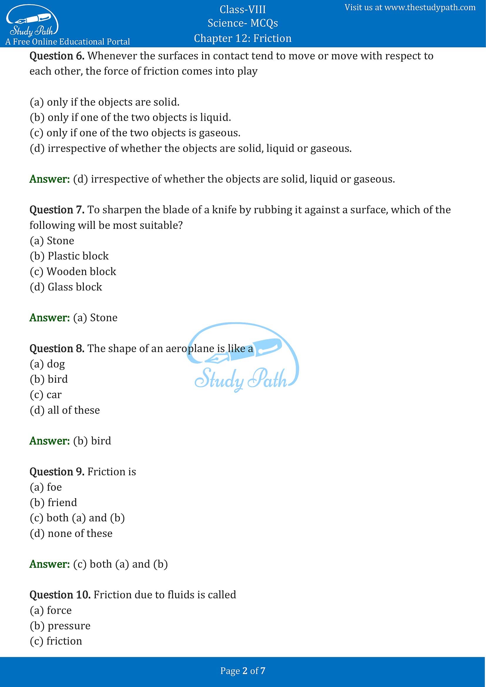 MCQ Questions for Class 8 Science Chapter 12 Friction with Answers PDF -2