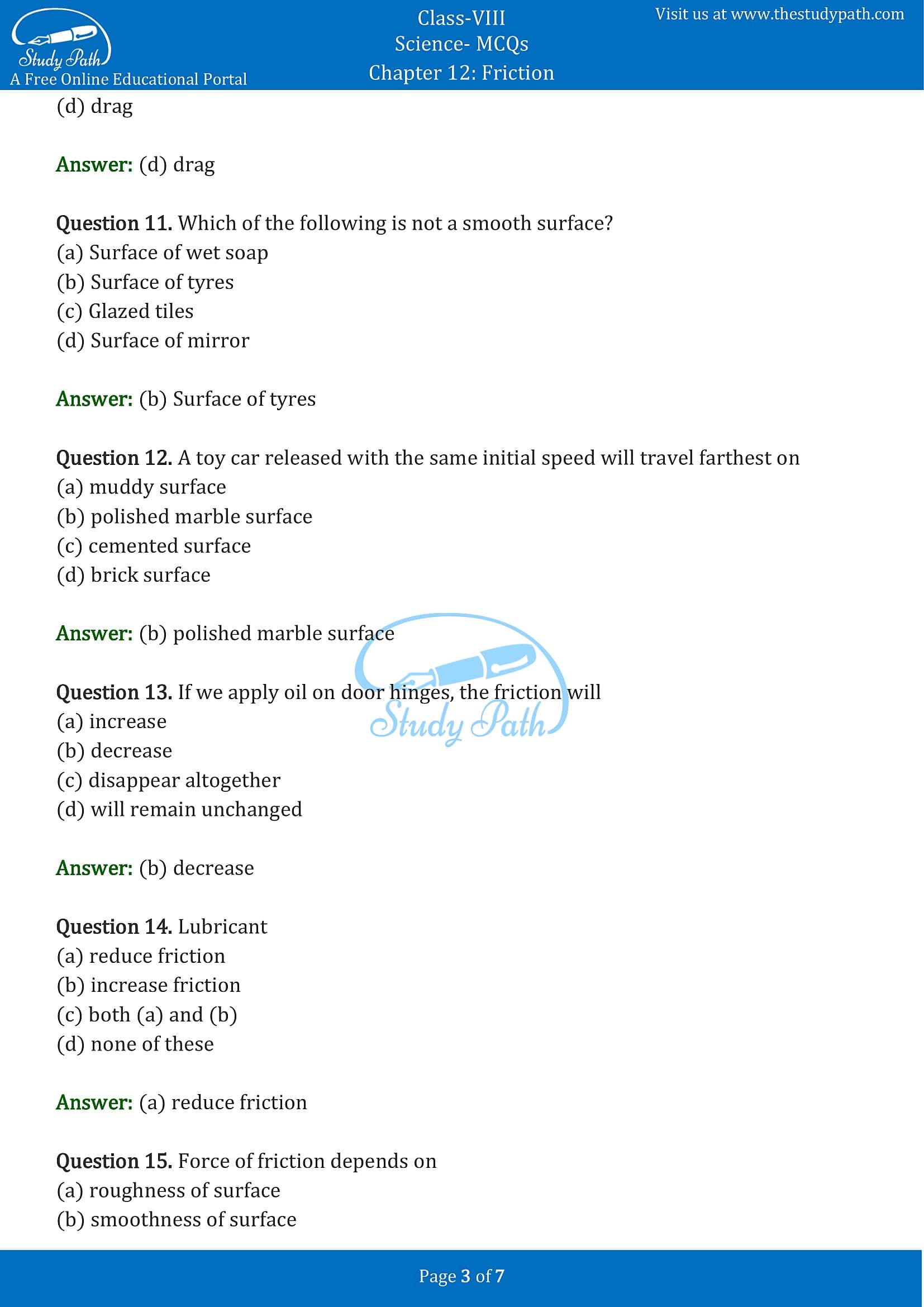 MCQ Questions for Class 8 Science Chapter 12 Friction with Answers PDF -3