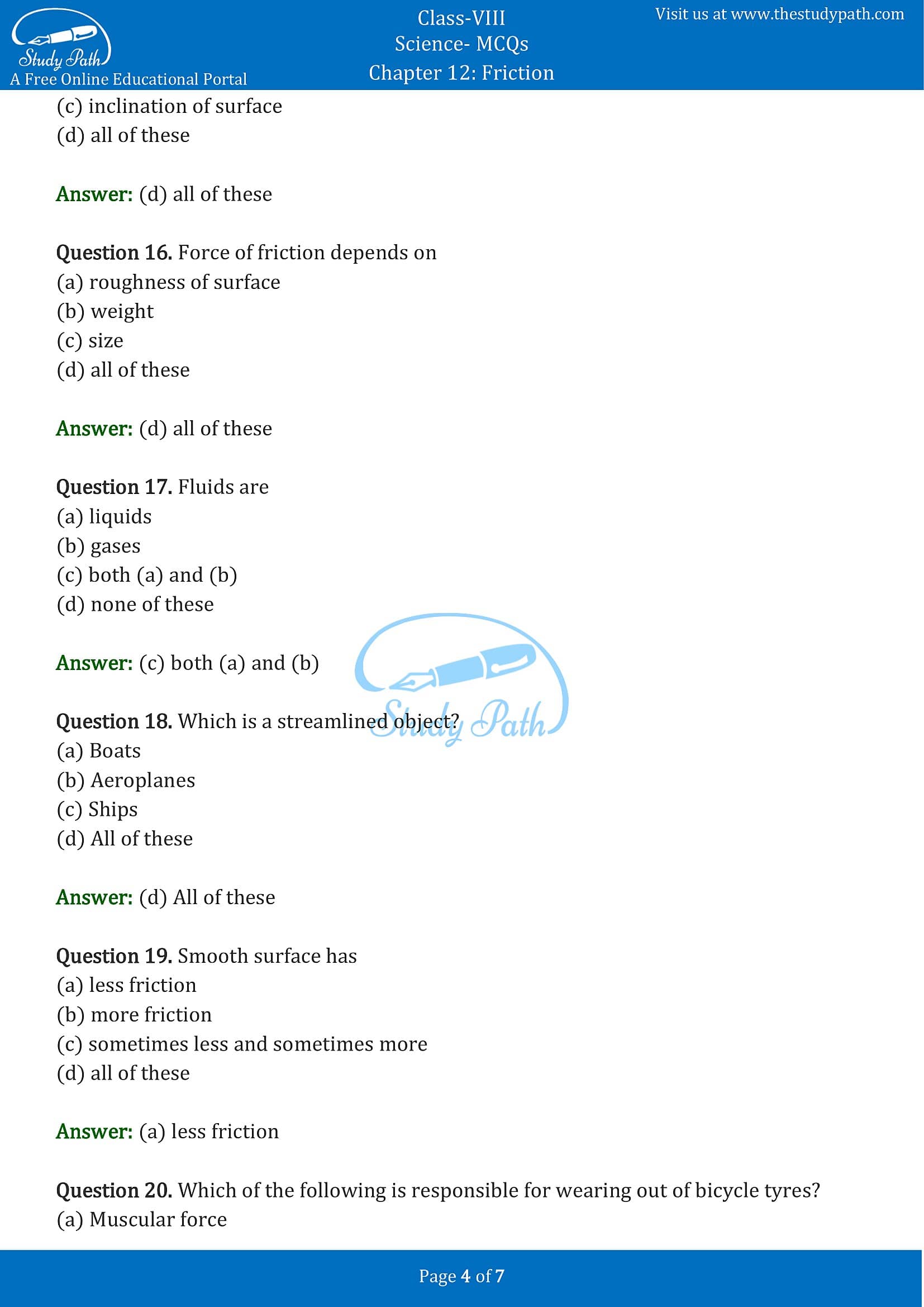 MCQ Questions for Class 8 Science Chapter 12 Friction with Answers PDF -4