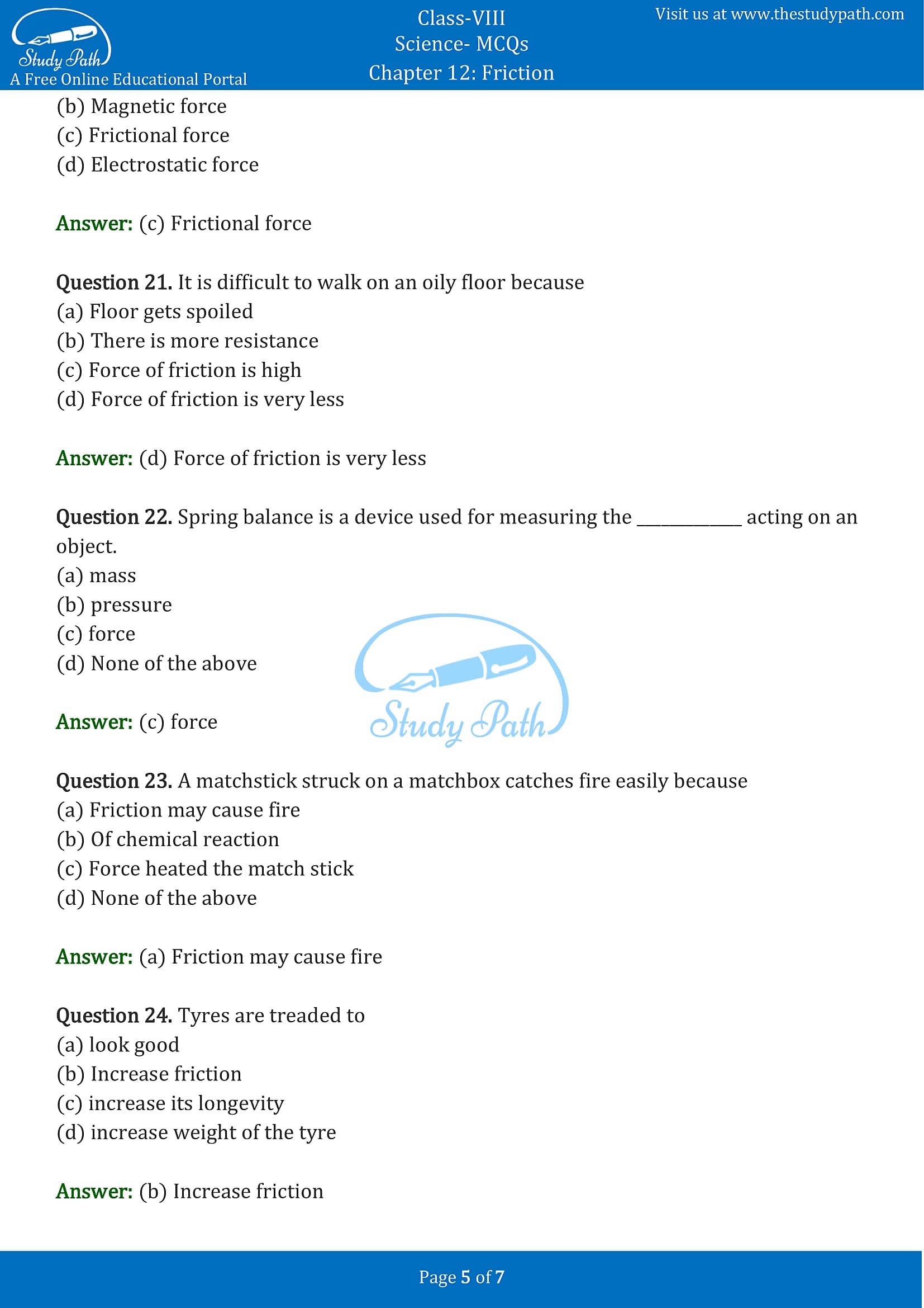 MCQ Questions for Class 8 Science Chapter 12 Friction with Answers PDF -5