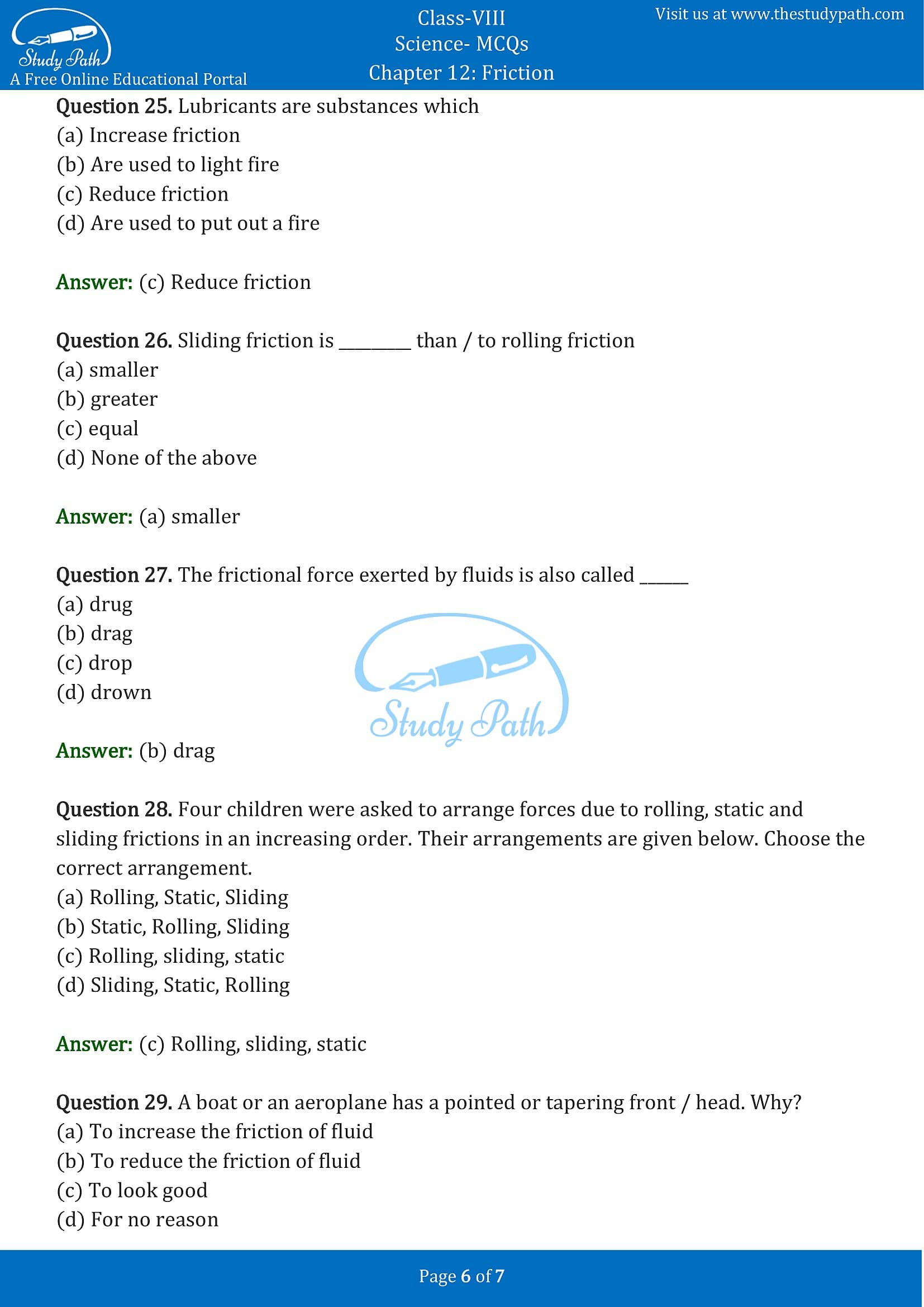 MCQ Questions for Class 8 Science Chapter 12 Friction with Answers PDF -6
