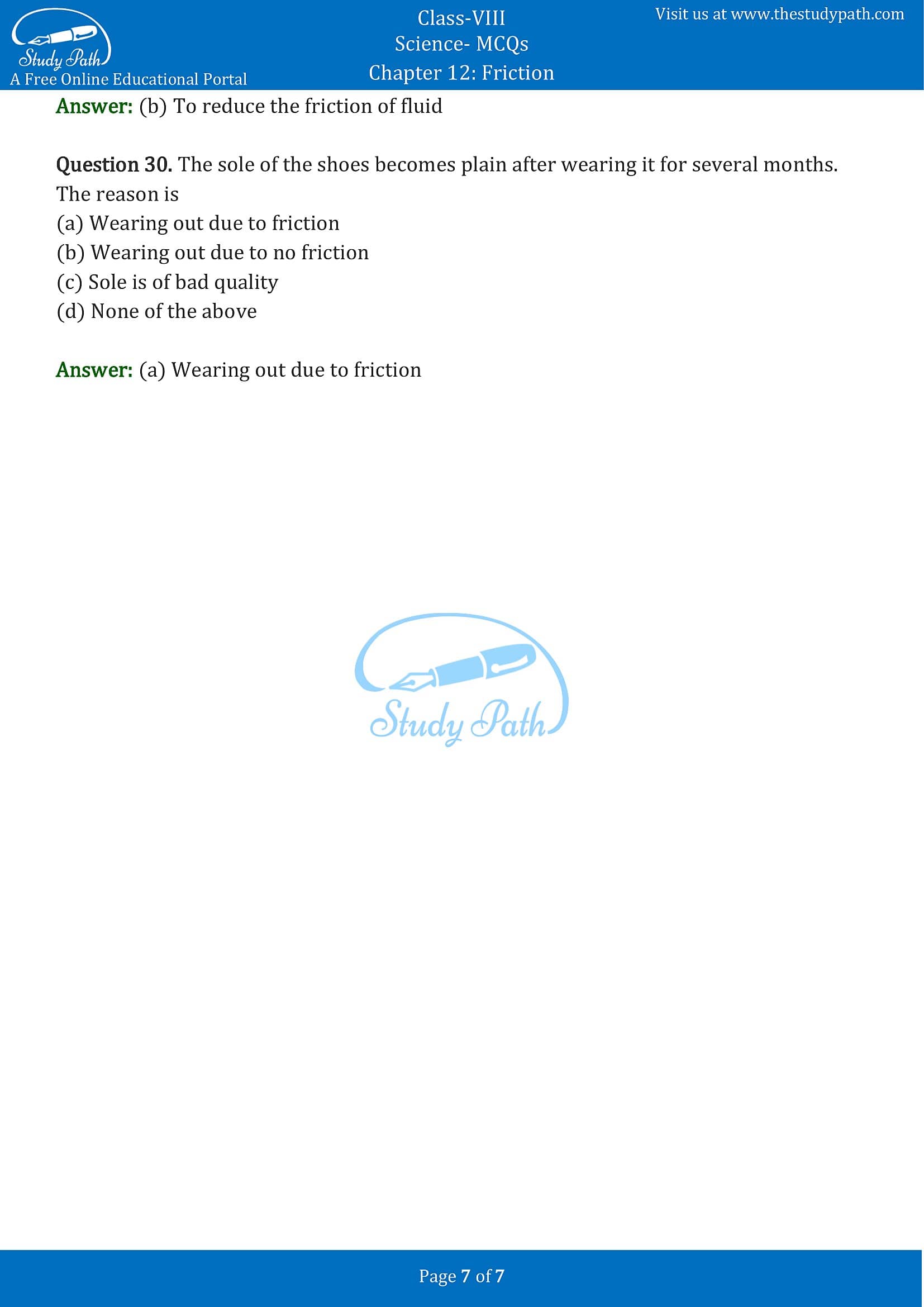 MCQ Questions for Class 8 Science Chapter 12 Friction with Answers PDF -7