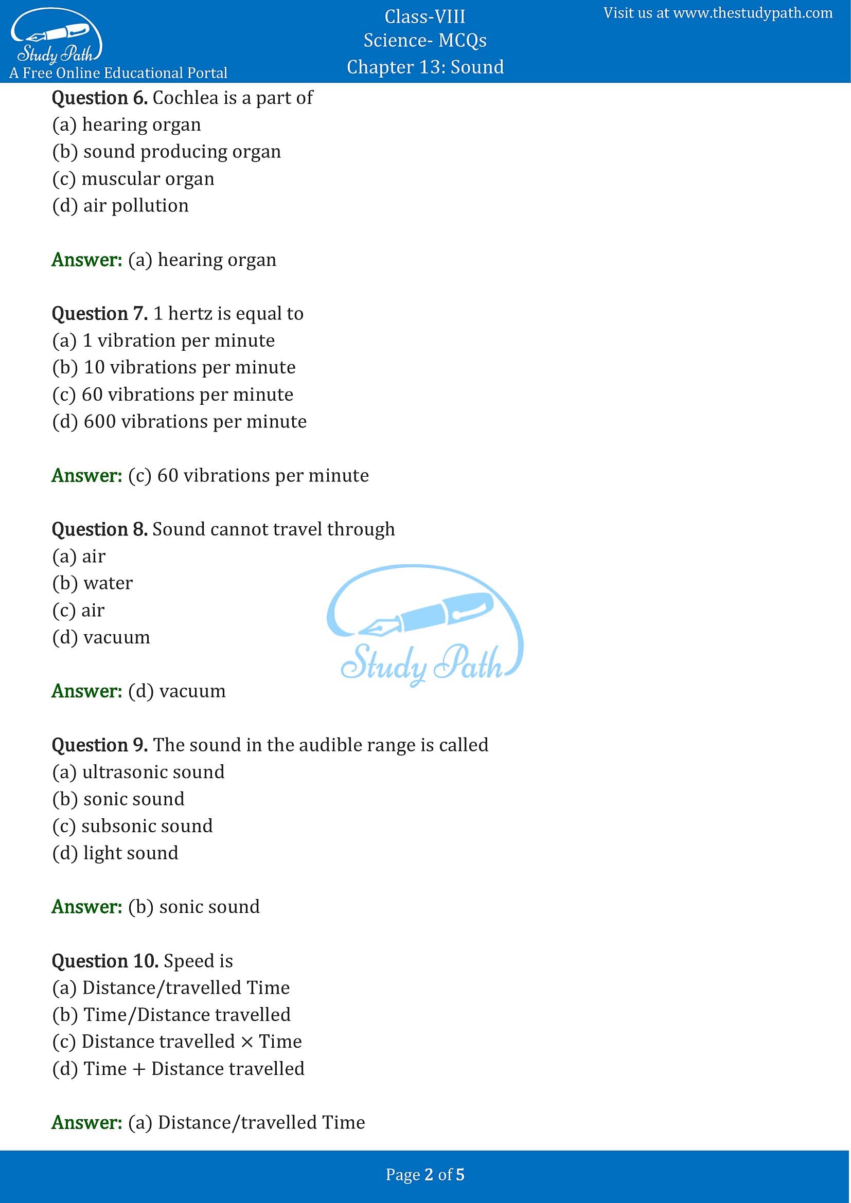 MCQ Questions for Class 8 Science Chapter 13 Sound with Answers PDF -2