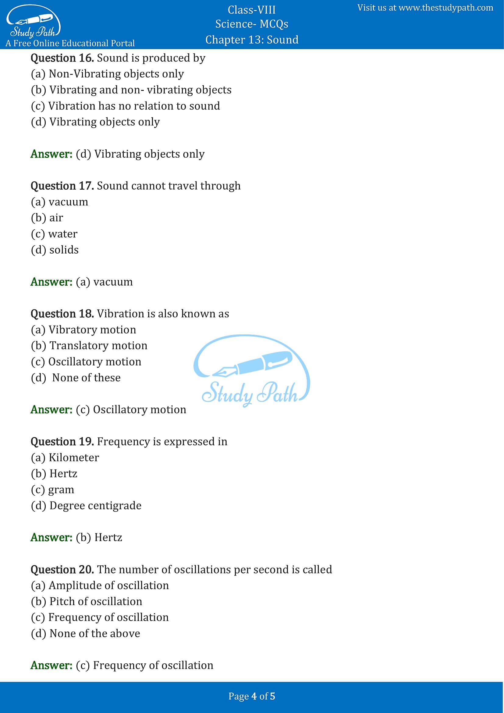 MCQ Questions for Class 8 Science Chapter 13 Sound with Answers PDF -4