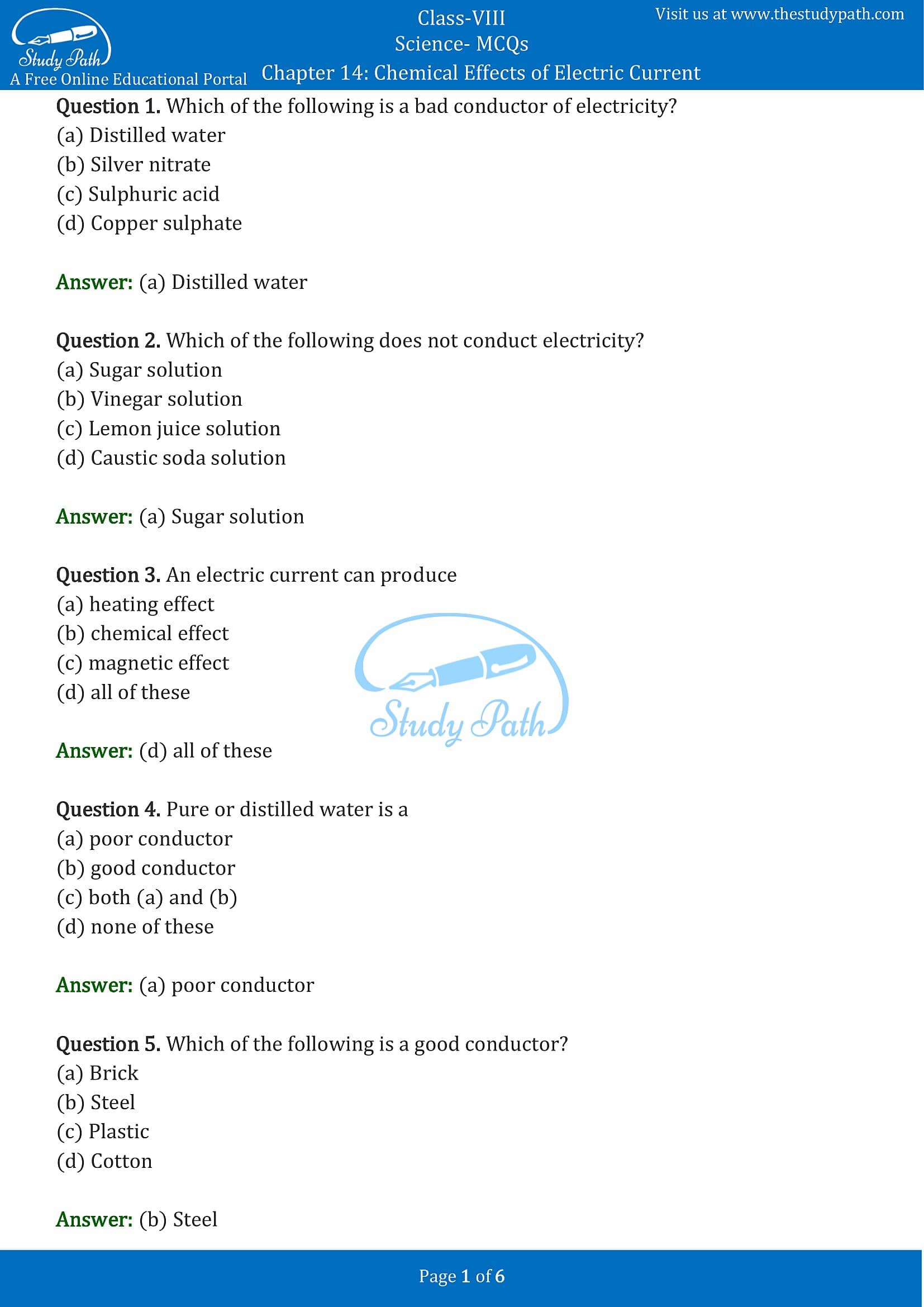 MCQ Questions for Class 8 Science Chapter 14 Chemical Effects of Electric Current PDF -1