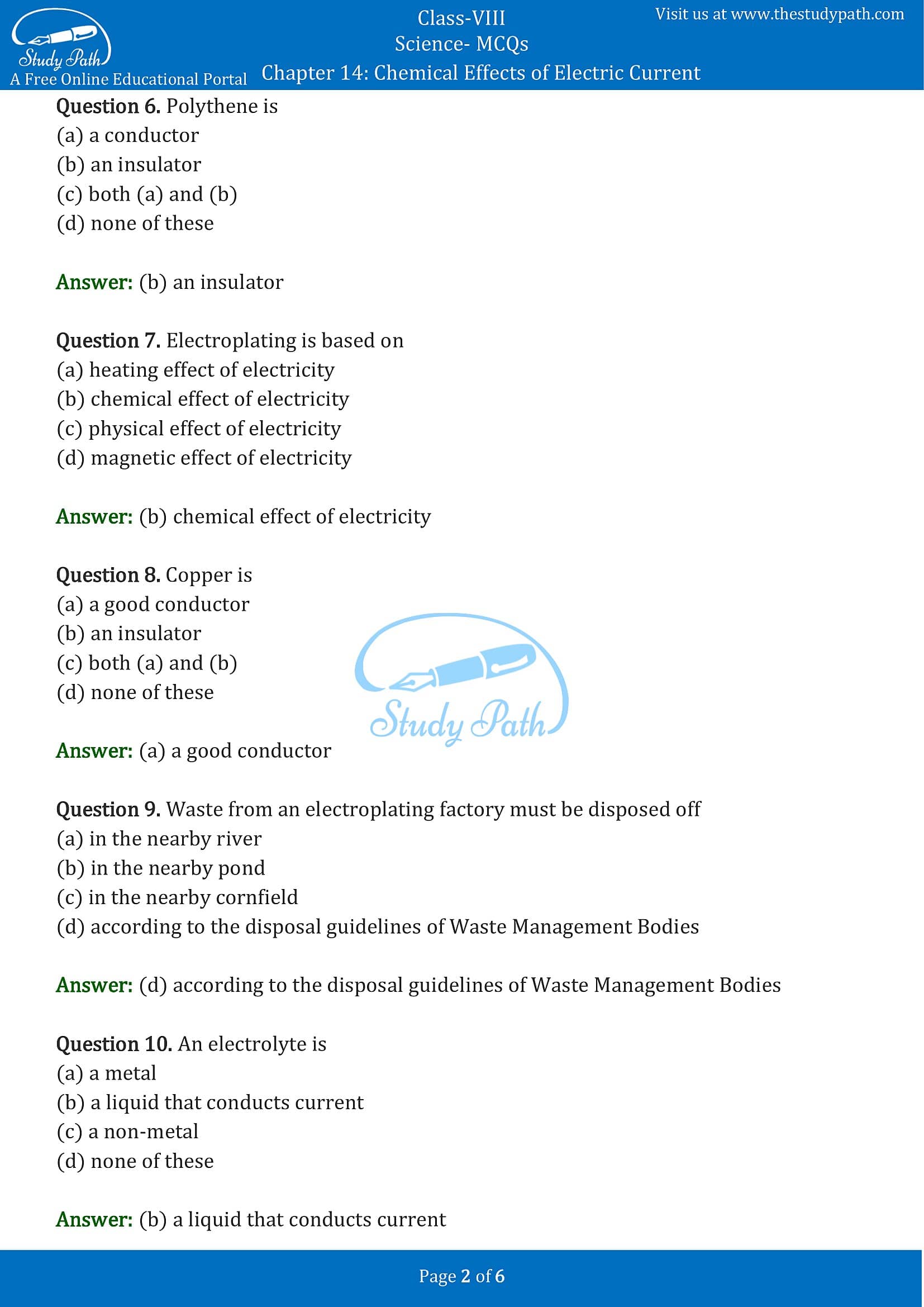 MCQ Questions for Class 8 Science Chapter 14 Chemical Effects of Electric Current PDF -2