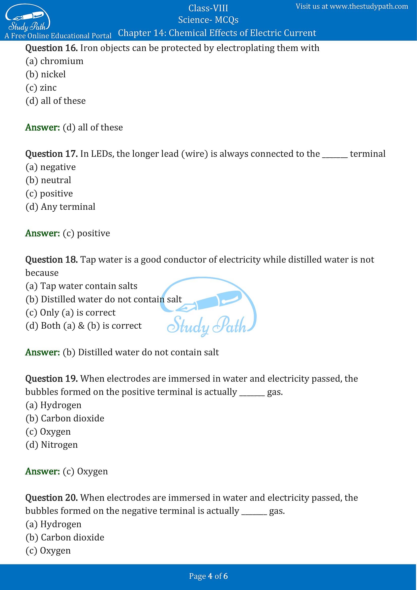 MCQ Questions for Class 8 Science Chapter 14 Chemical Effects of Electric Current PDF -4