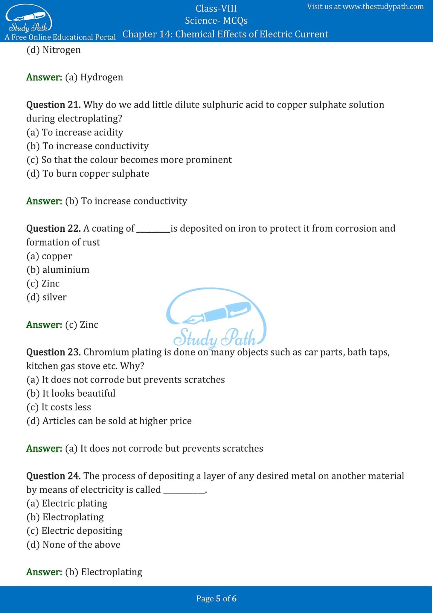 Class 8 Science Chapter 14 Chemical Effects of Electric Current MCQ