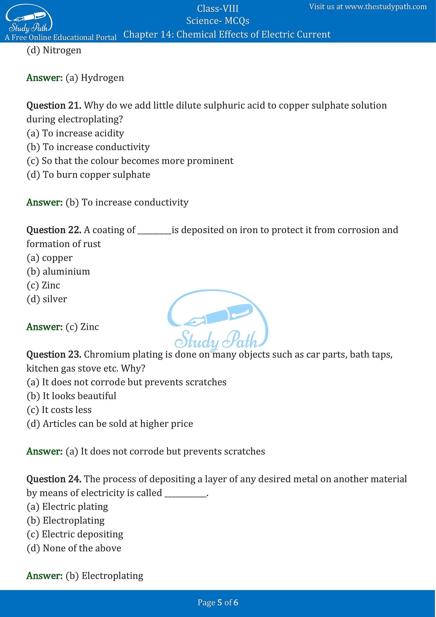 MCQ Questions for Class 8 Science Chapter 14 Chemical Effects of Electric Current PDF -5