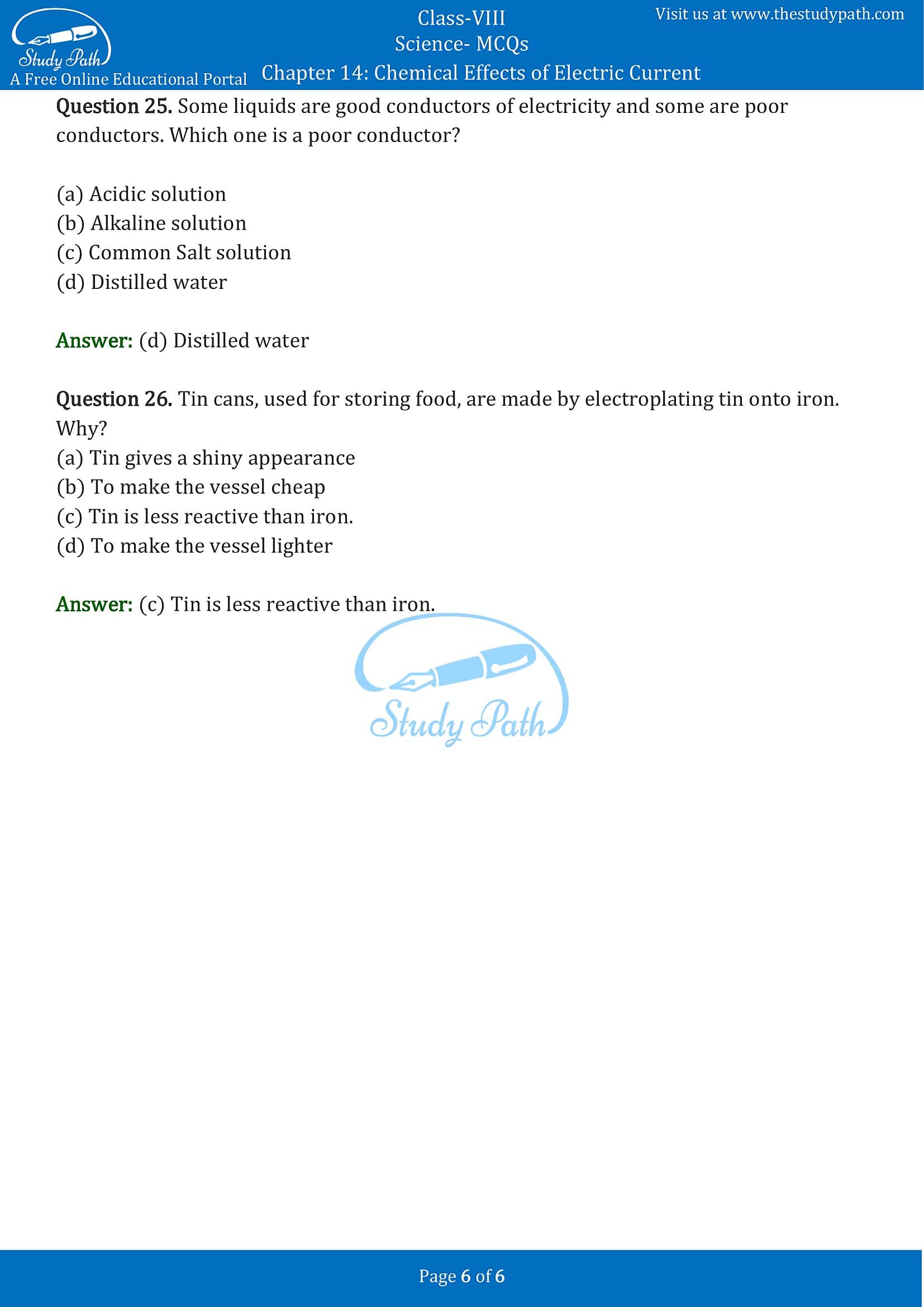 MCQ Questions for Class 8 Science Chapter 14 Chemical Effects of Electric Current PDF -6