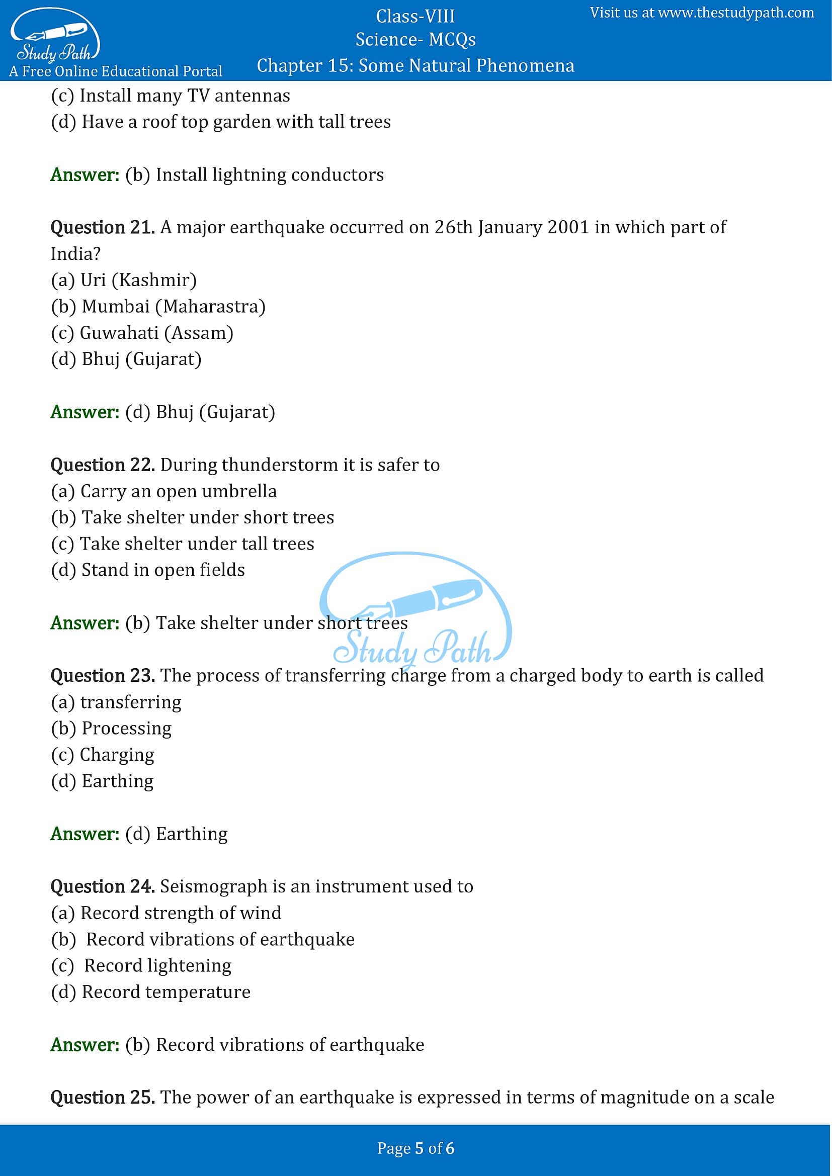 MCQ Questions for Class 8 Science Chapter 15 Some Natural Phenomena with Answers PDF -5