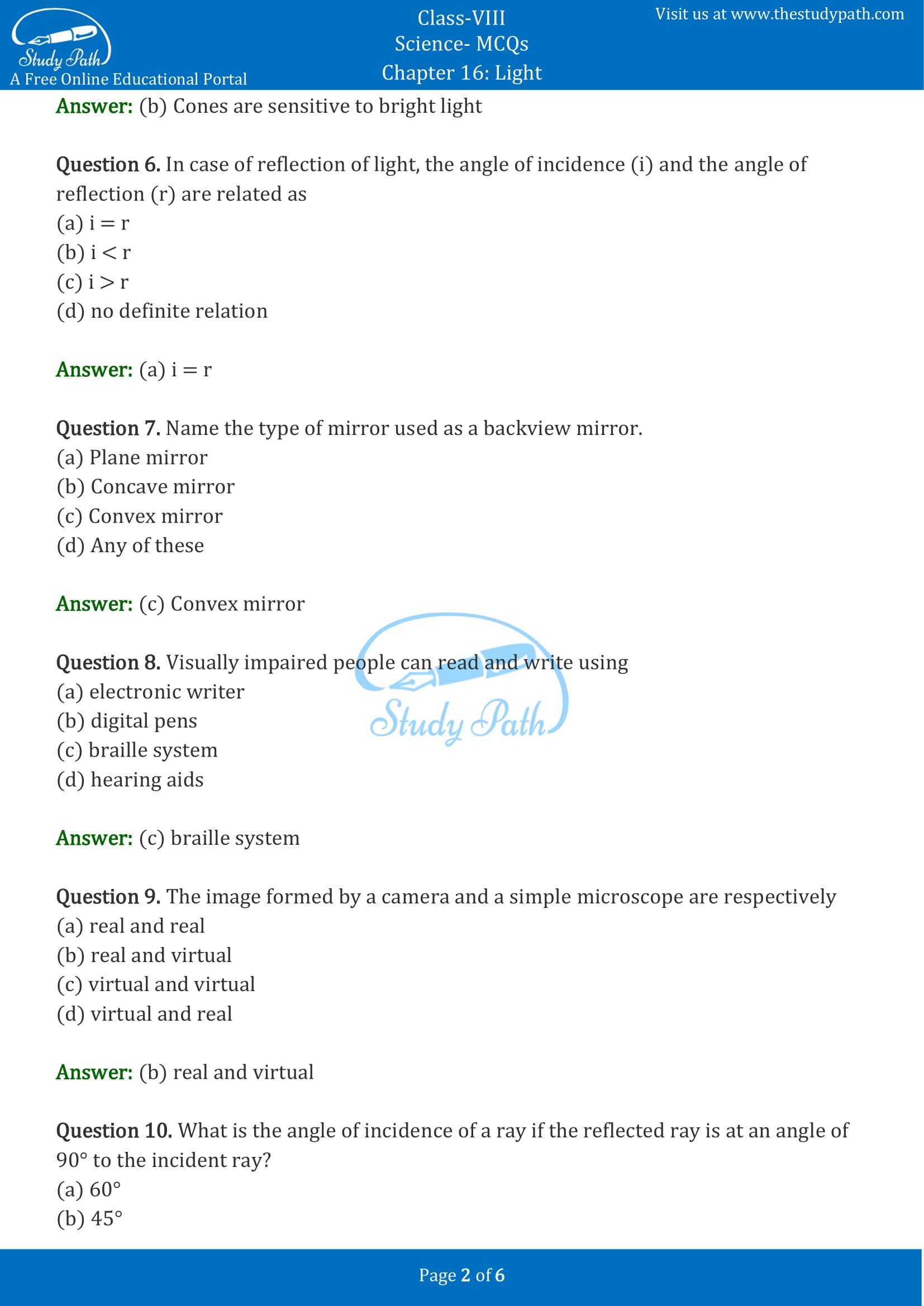 MCQ Questions for Class 8 Science Chapter 16 Light with Answers PDF -2