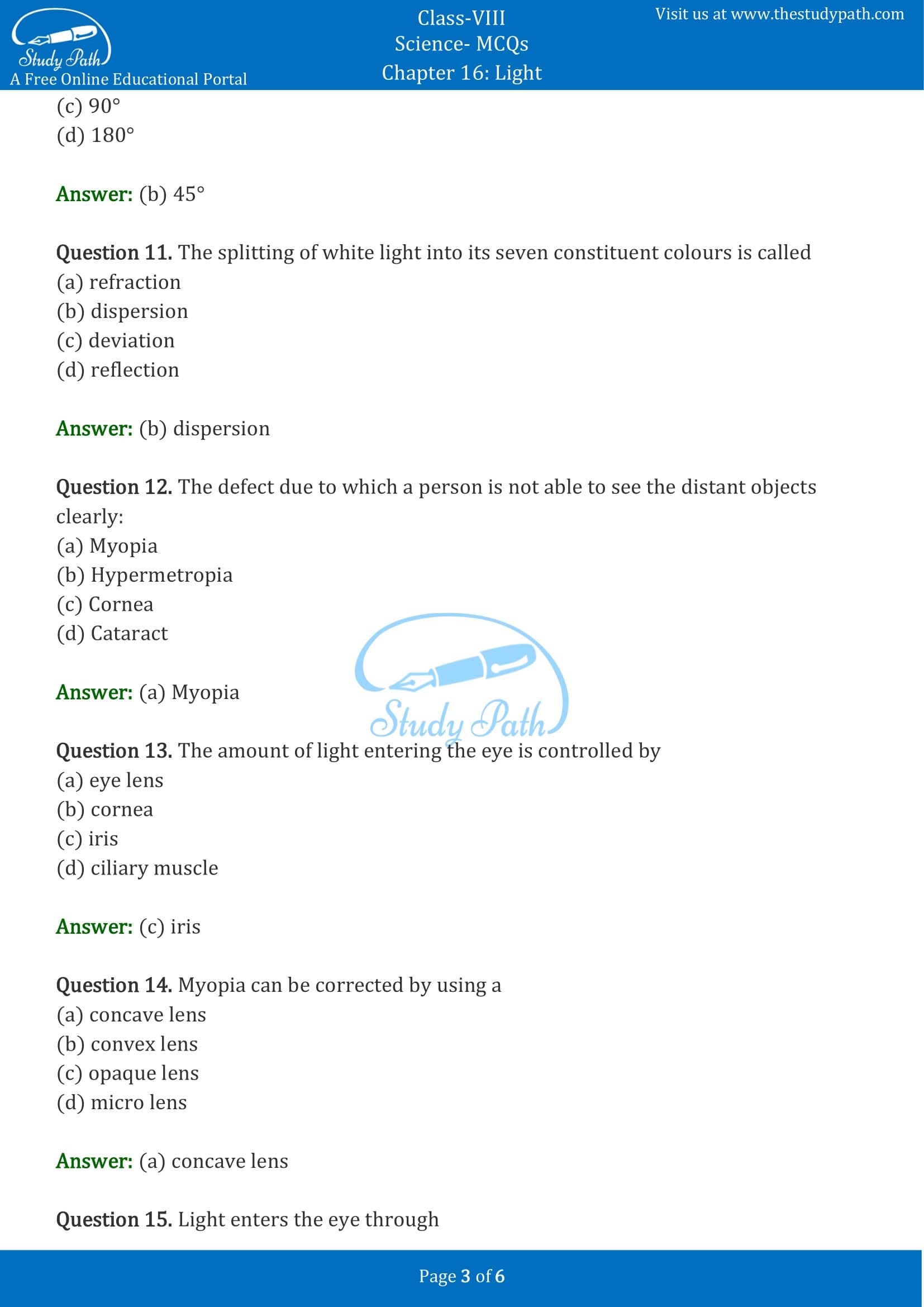 MCQ Questions for Class 8 Science Chapter 16 Light with Answers PDF -3